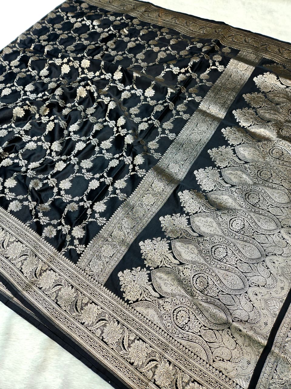 Black Mashru katan Satin Silk Saree Jaal Design.