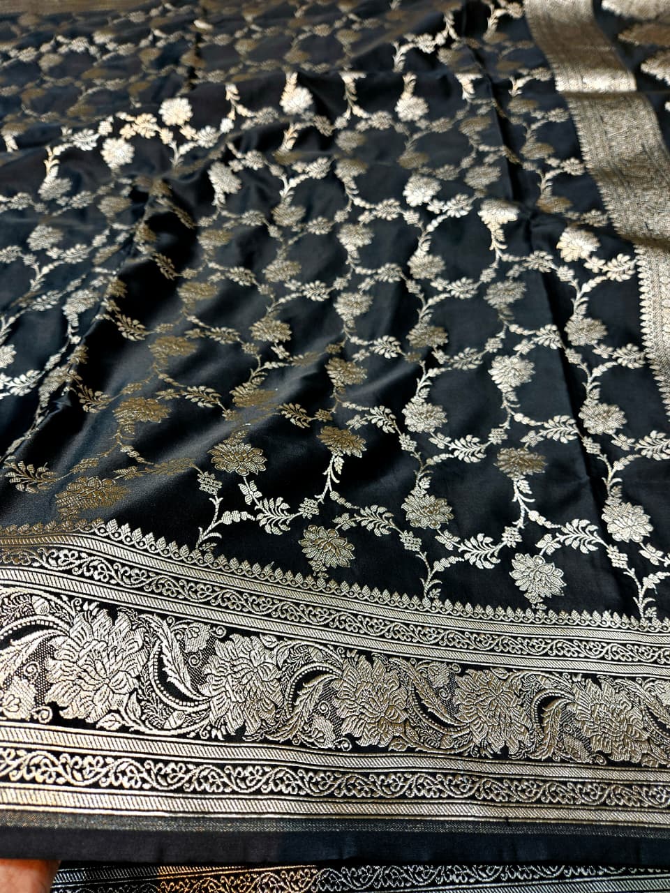 Black Mashru katan Satin Silk Saree Jaal Design.