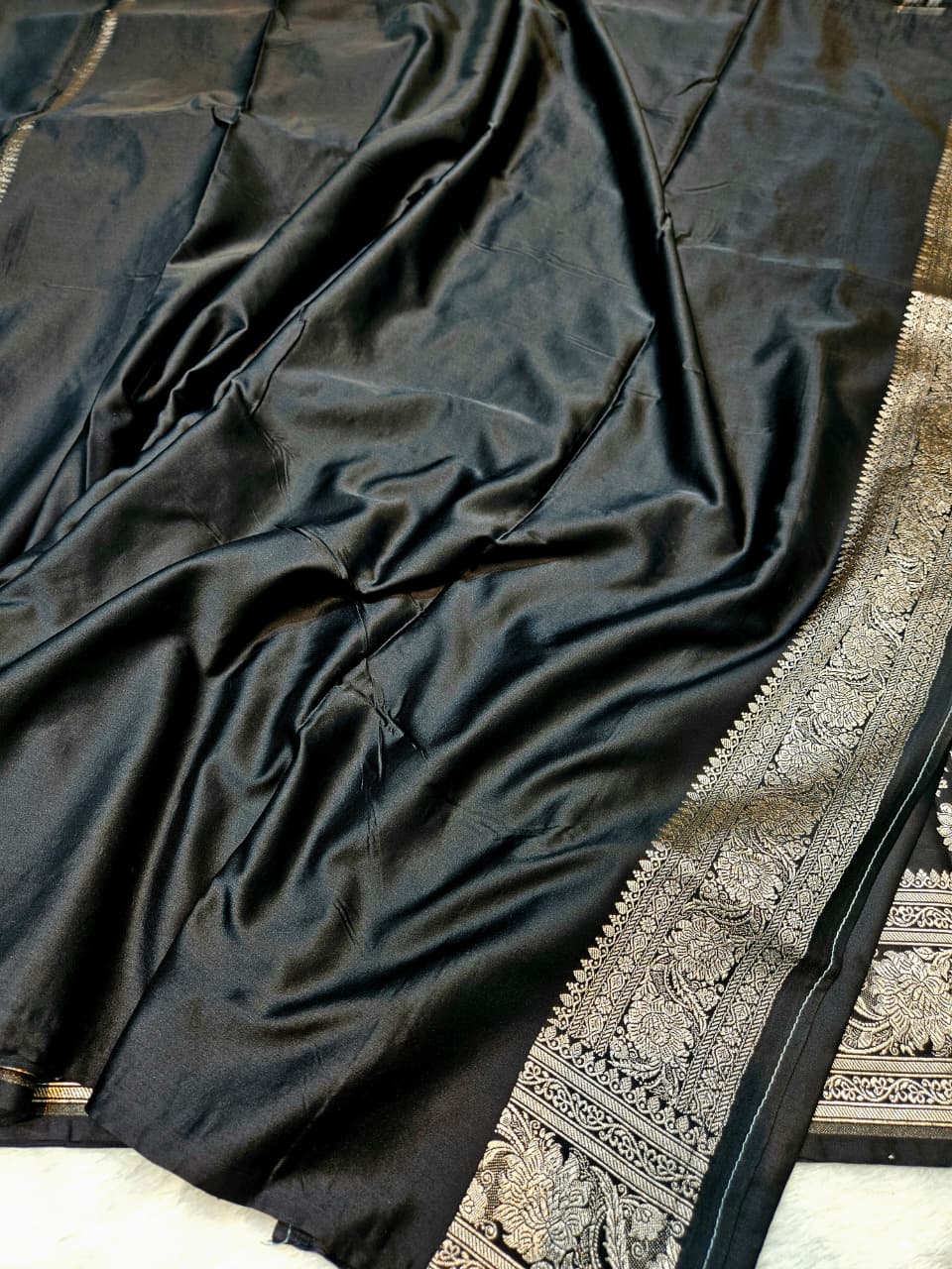 Black Mashru katan Satin Silk Saree Jaal Design.