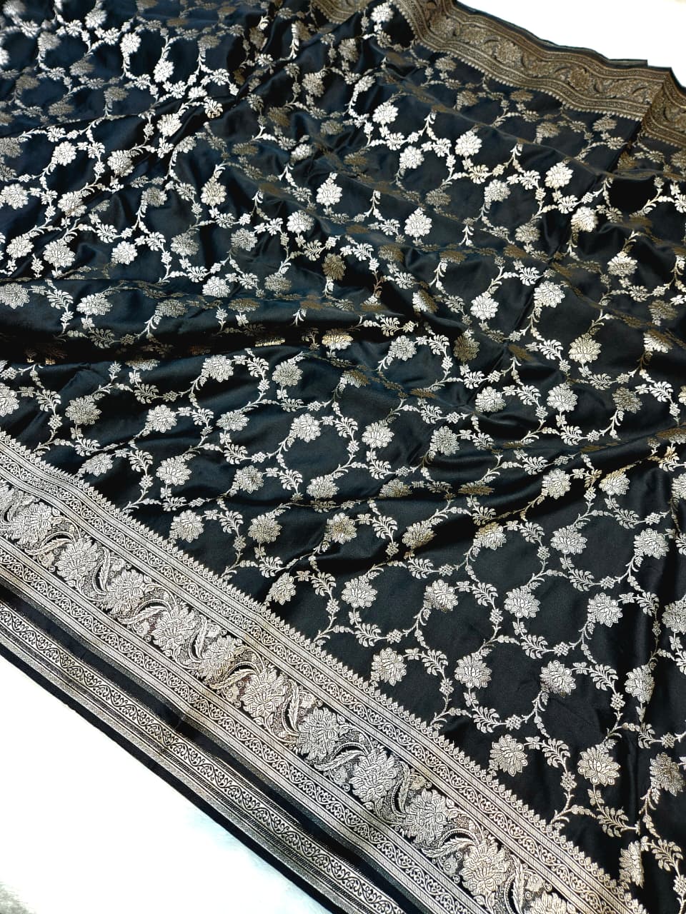 Black Mashru katan Satin Silk Saree Jaal Design.