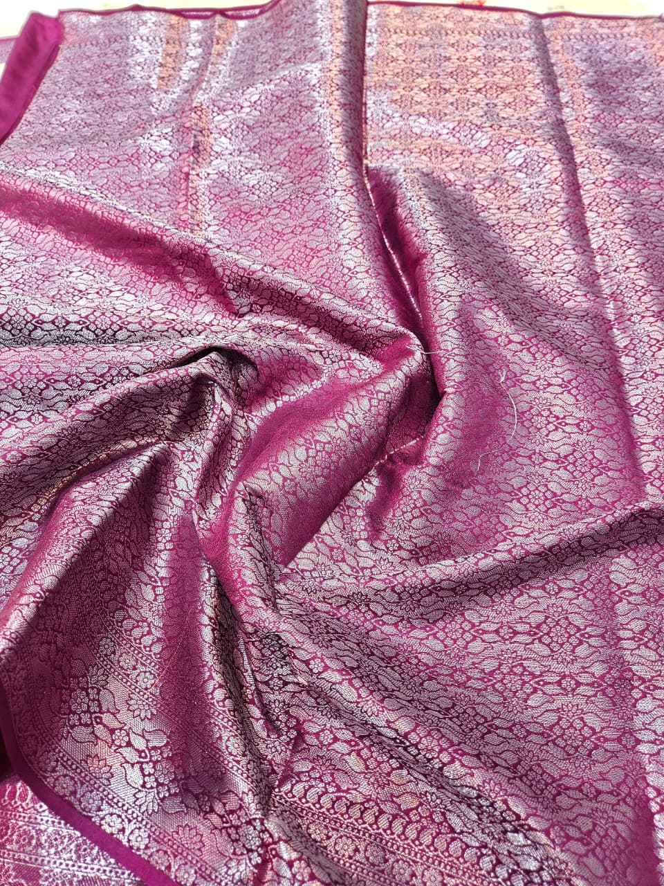 Offwhite Banarasi Raw Mango Silk with Purple Border Pallu Saree