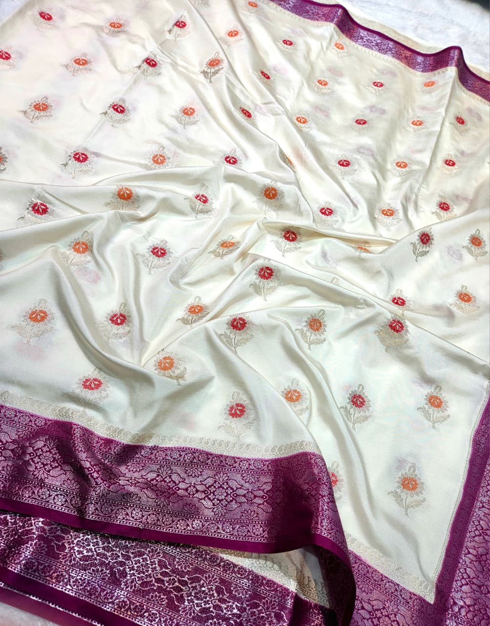 Offwhite Banarasi Raw Mango Silk with Purple Border Pallu Saree