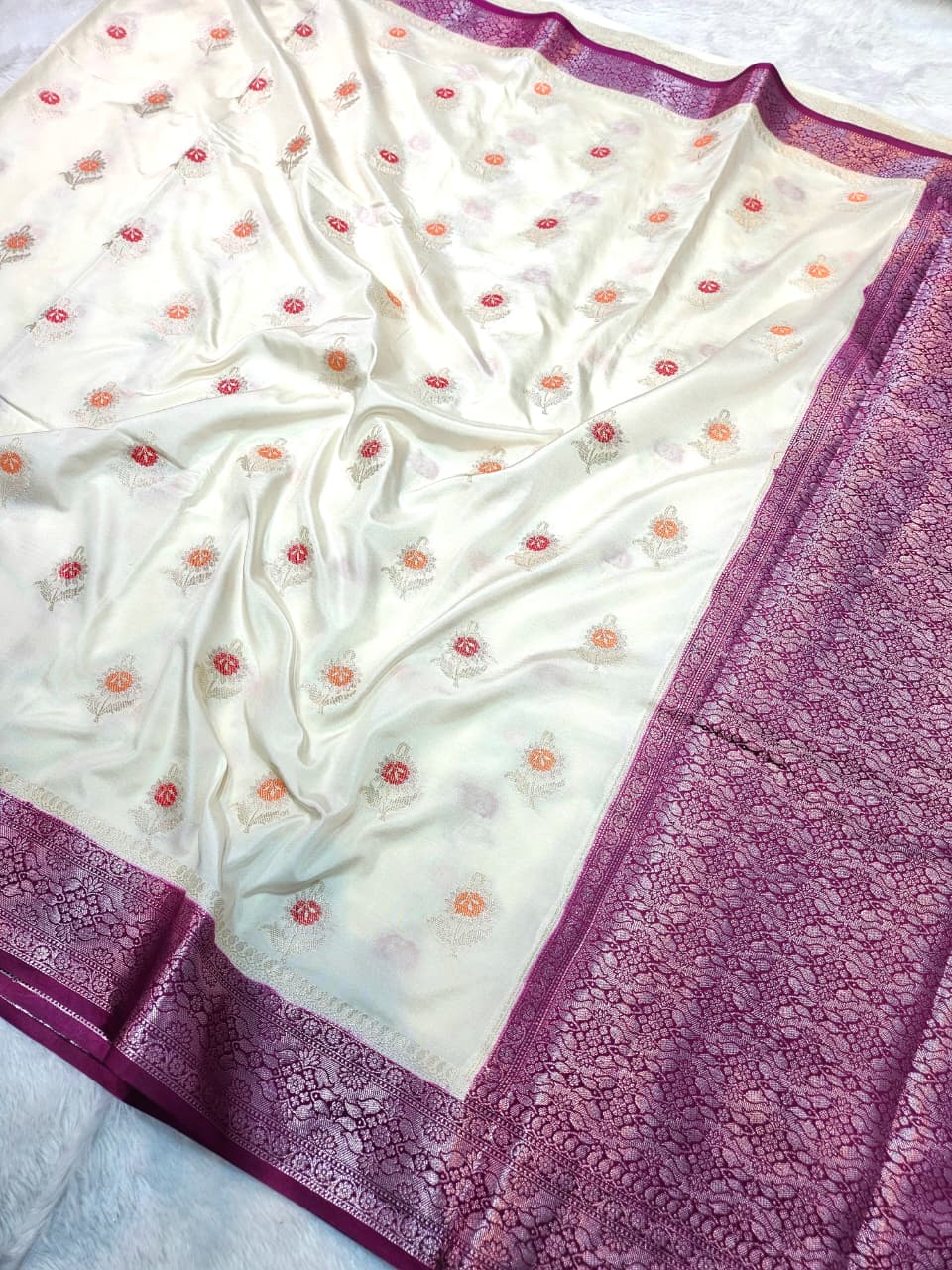 Offwhite Banarasi Raw Mango Silk with Purple Border Pallu Saree