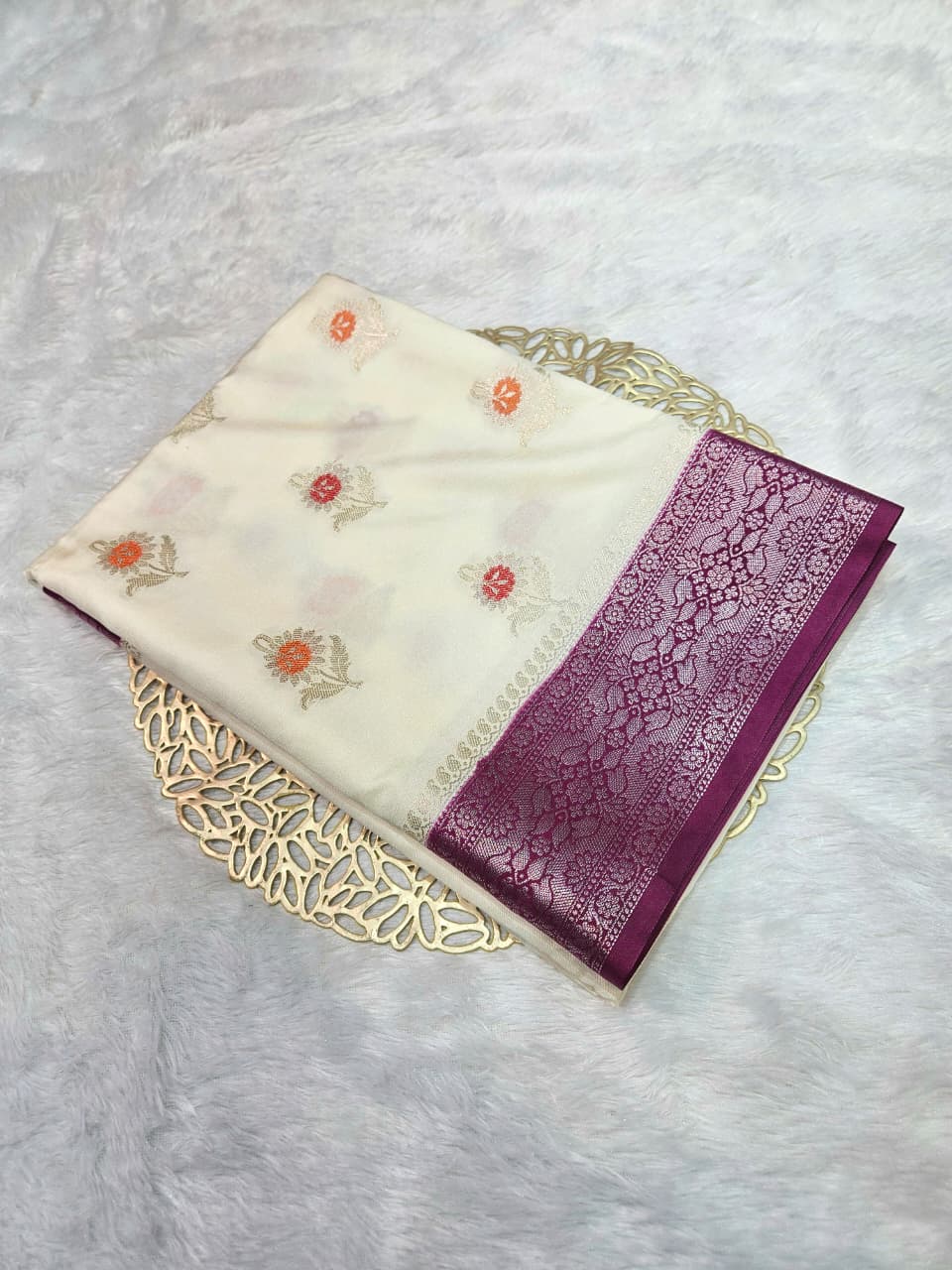 Offwhite Banarasi Raw Mango Silk with Purple Border Pallu Saree