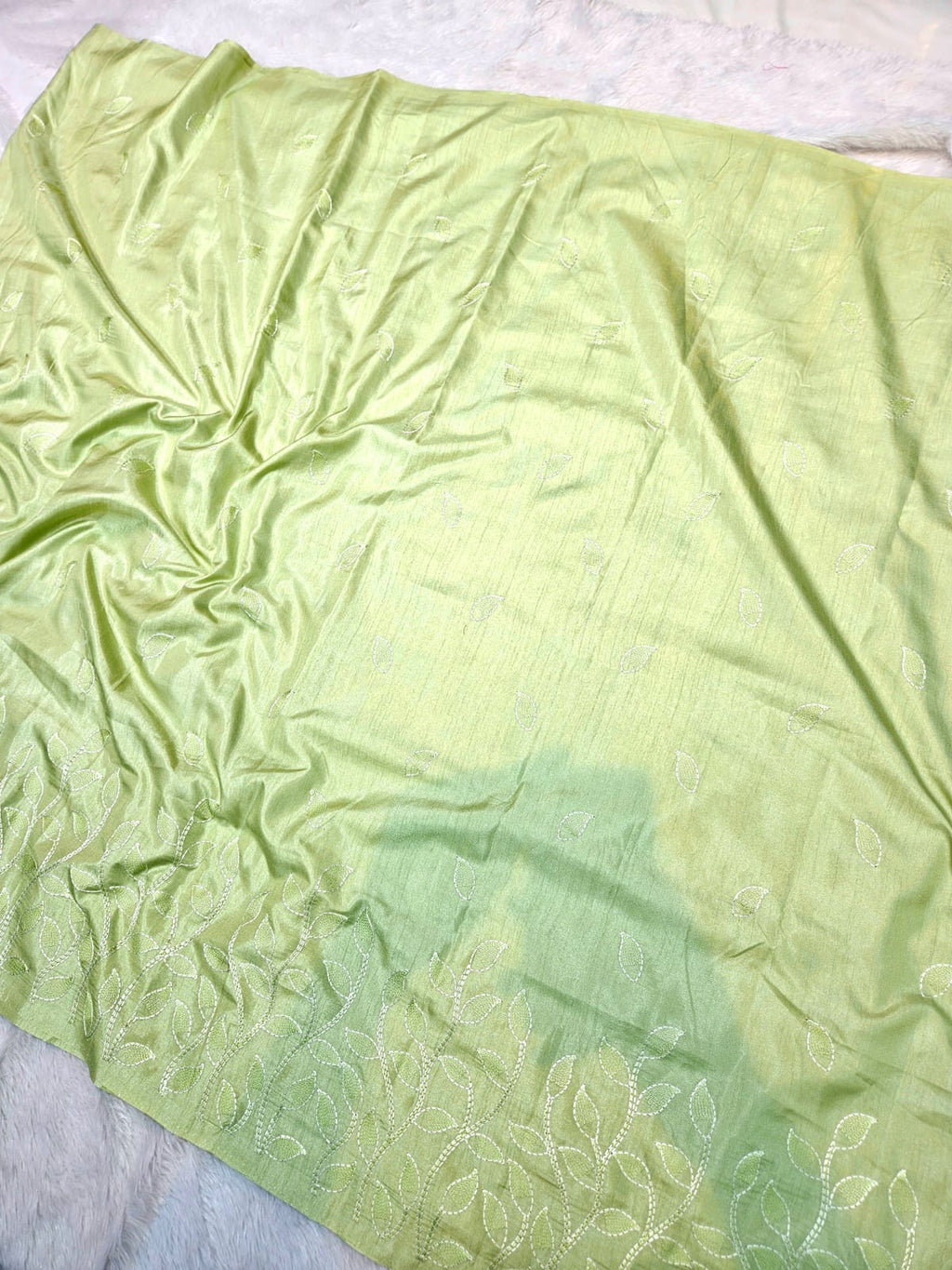 Pista Green Slub Silk Saree with Beautiful Embroidery Work
