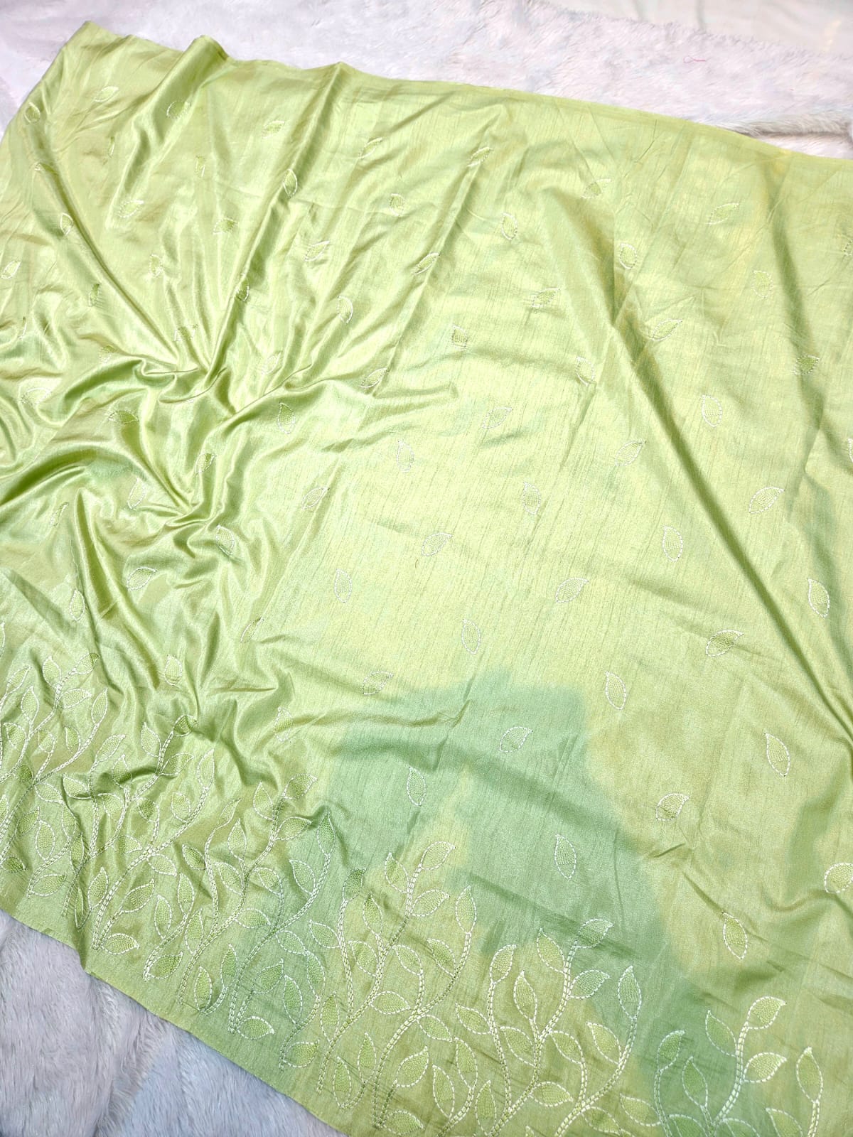 Pista Green Slub Silk Saree with Beautiful Embroidery Work