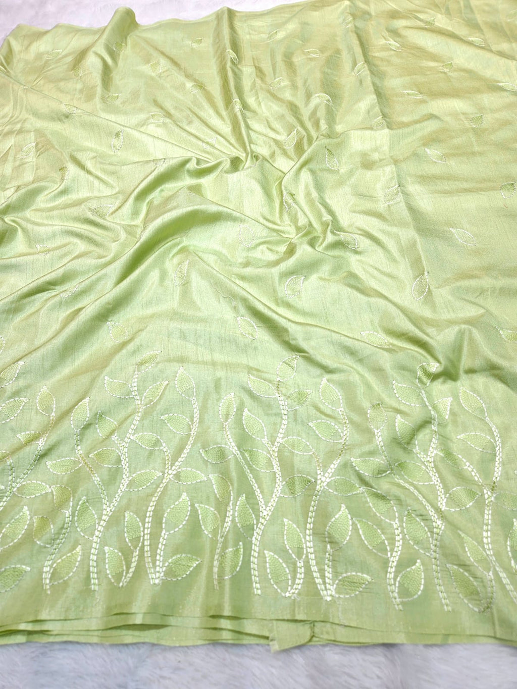 Pista Green Slub Silk Saree with Beautiful Embroidery Work