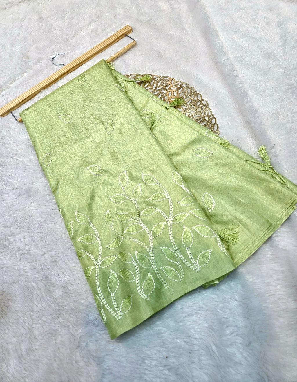 Pista Green Slub Silk Saree with Beautiful Embroidery Work