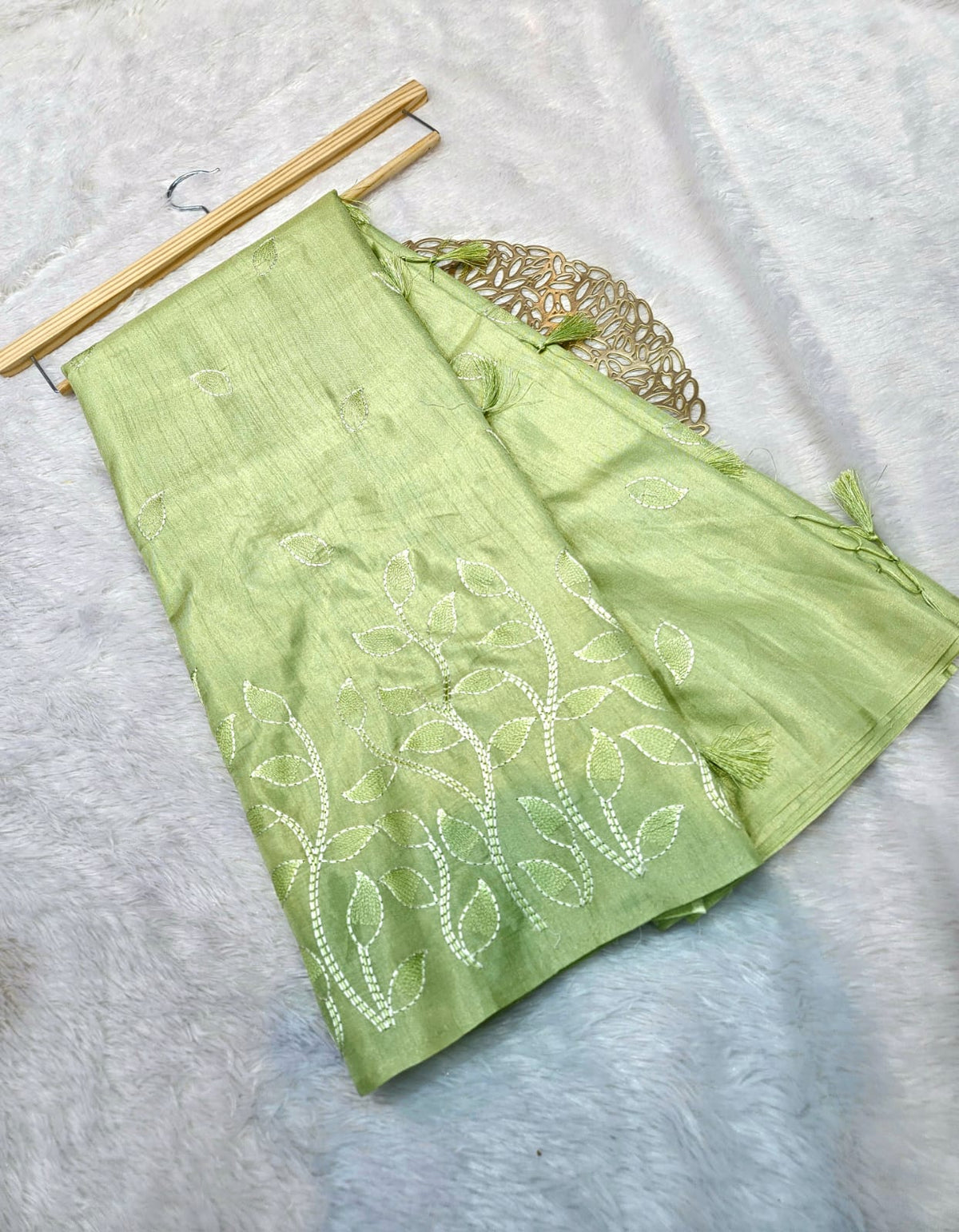 Pista Green Slub Silk Saree with Beautiful Embroidery Work