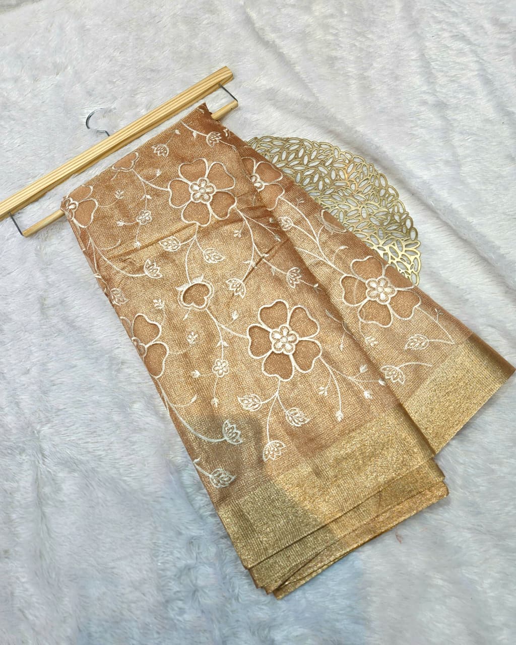 Peach Tissue Kota Saree with Heavy Applique Embroidery Work