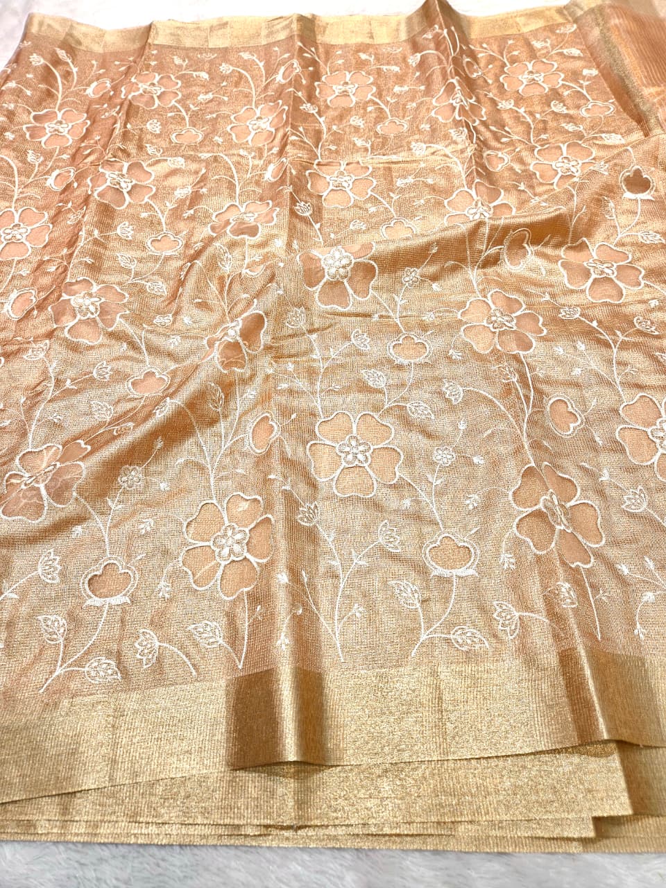 Peach Tissue Kota Saree with Heavy Applique Embroidery Work