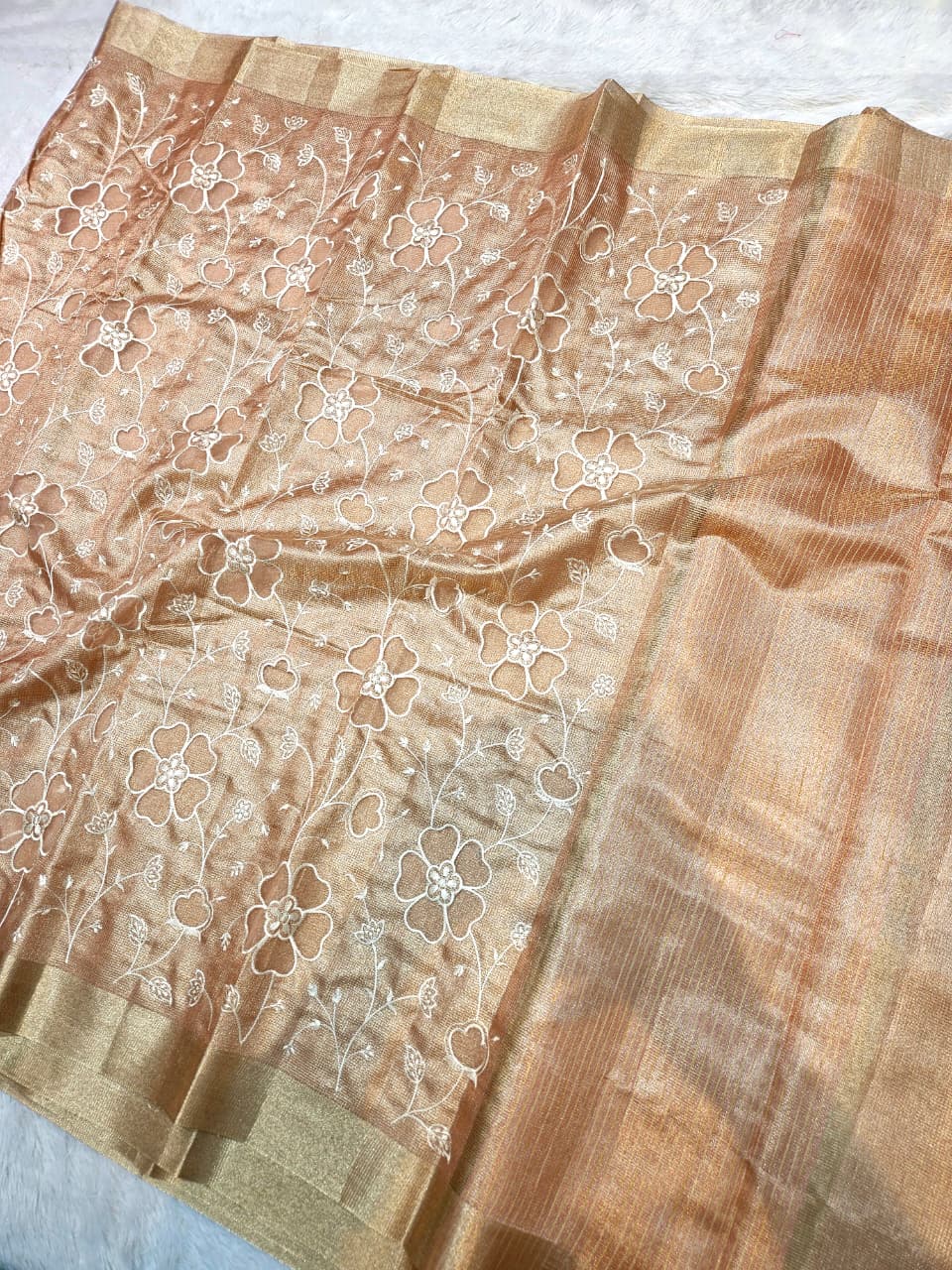 Peach Tissue Kota Saree with Heavy Applique Embroidery Work