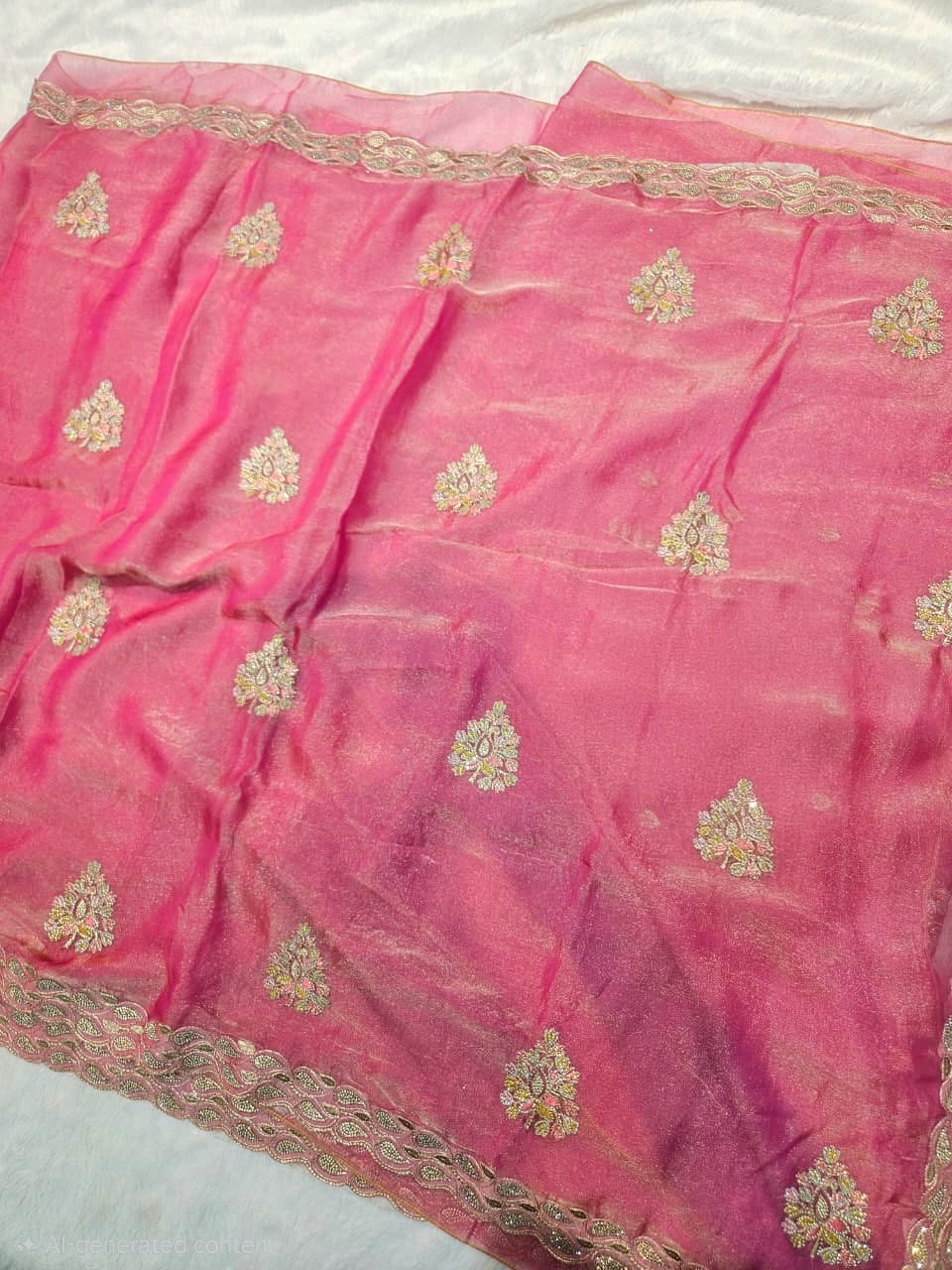 Pink Soft Tissue Threadwork Saree With Matching Blouse Piece
