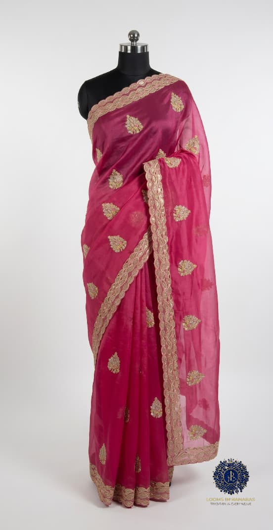 Pink Soft Tissue Threadwork Saree With Matching Blouse Piece