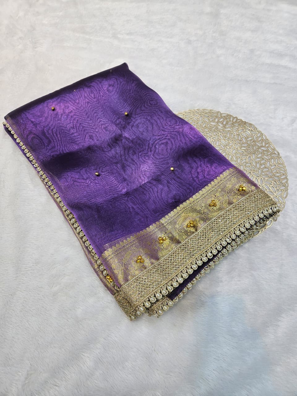 Purple Banarasi Tissue Silk Saree with Ghungroo And Lace Work