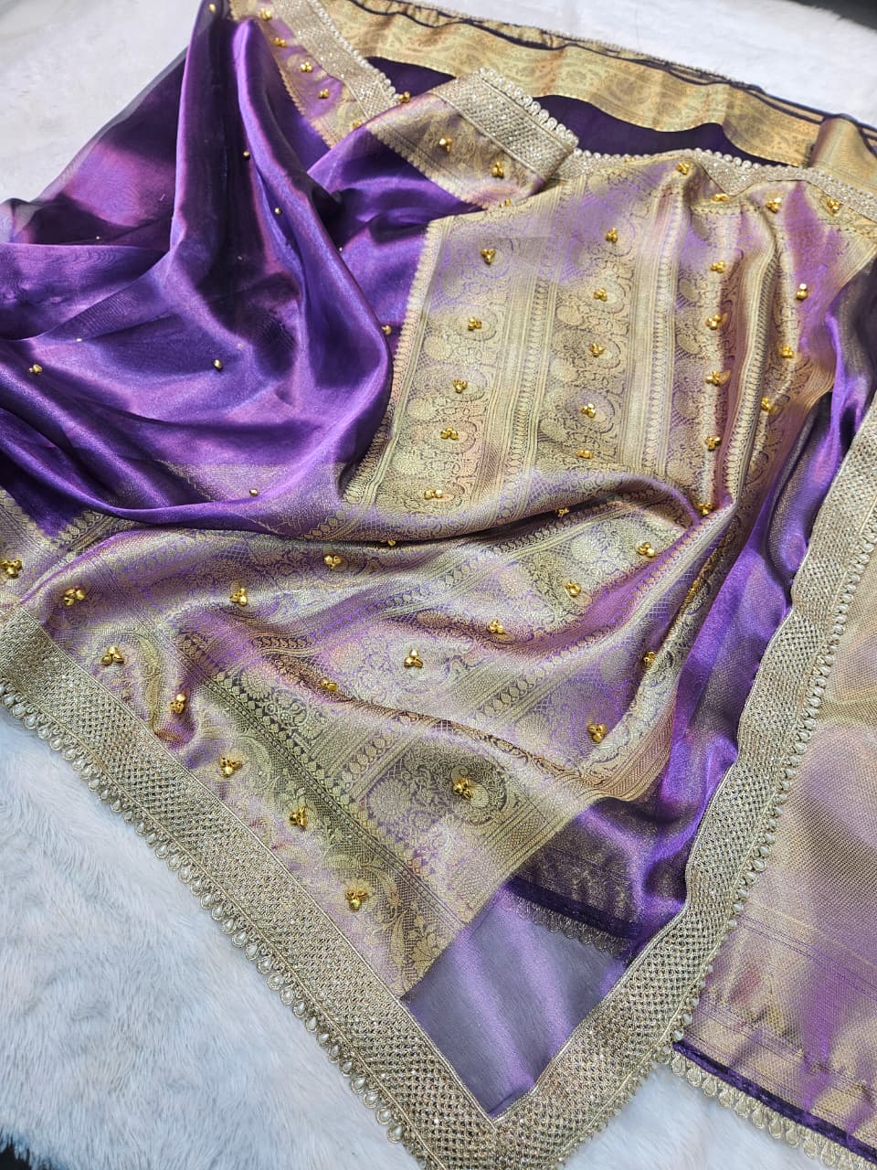 Purple Banarasi Tissue Silk Saree with Ghungroo And Lace Work