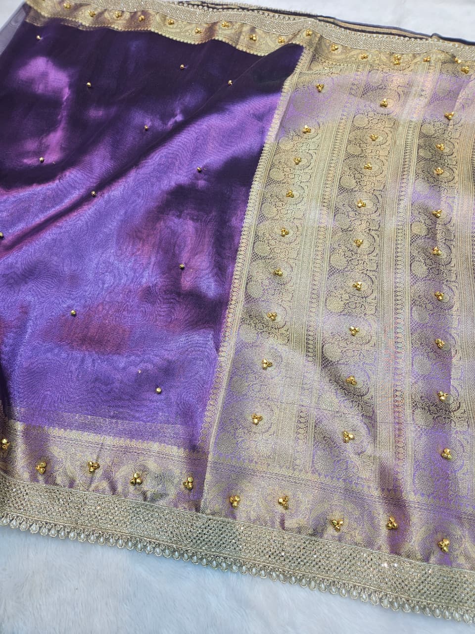 Purple Banarasi Tissue Silk Saree with Ghungroo And Lace Work