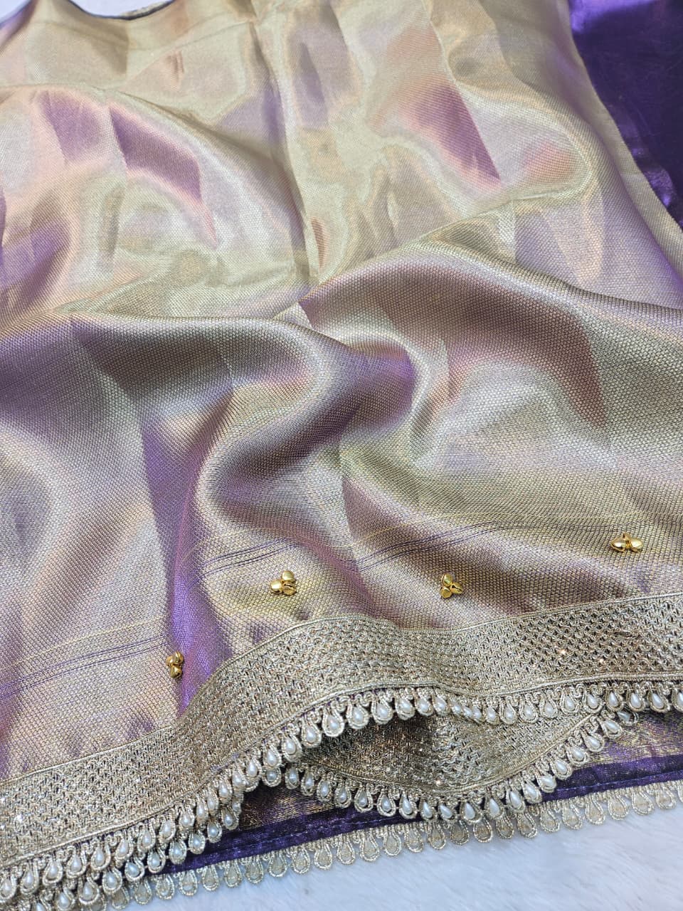 Purple Banarasi Tissue Silk Saree with Ghungroo And Lace Work