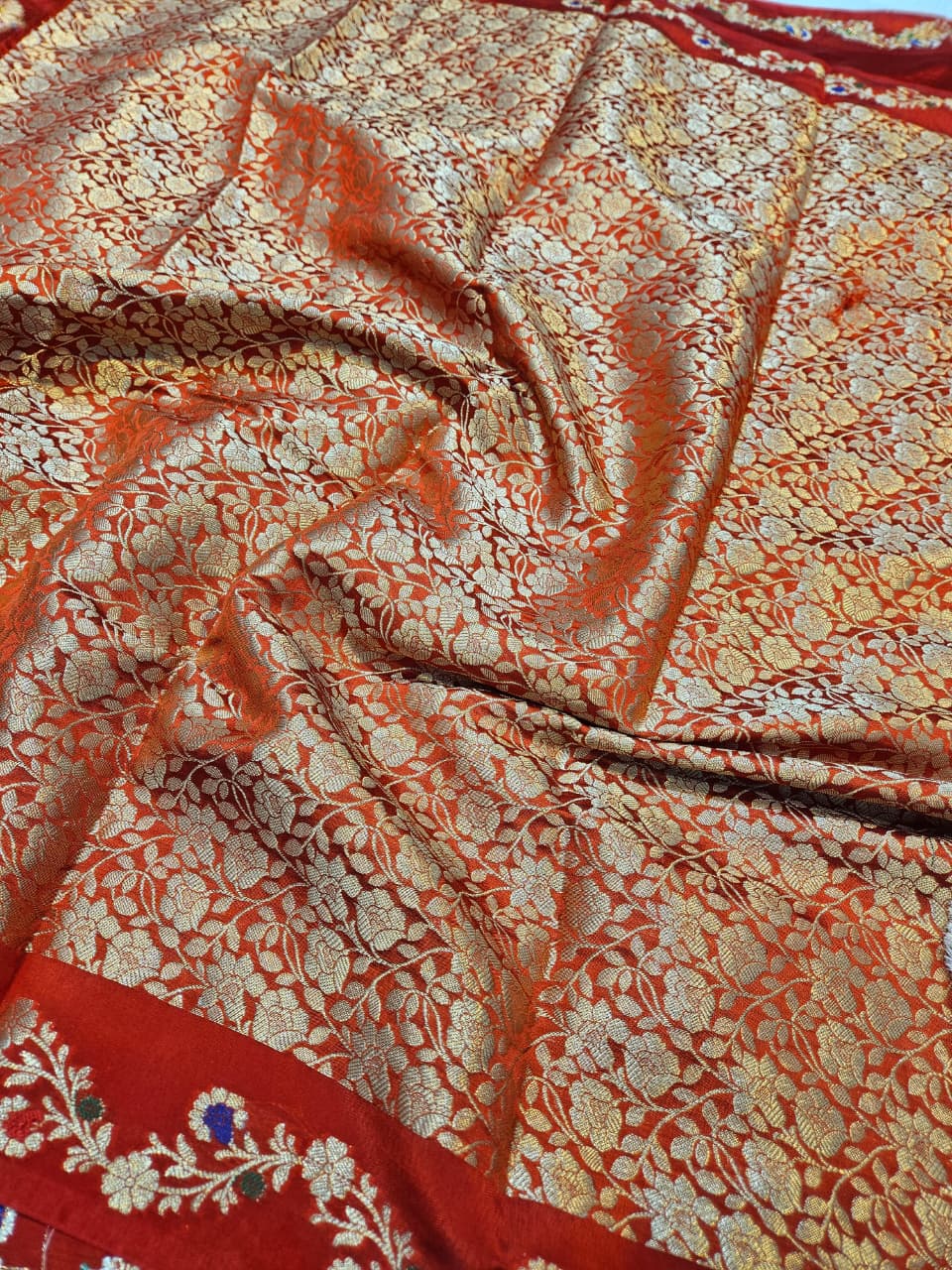 Red Tussar Silk Open Mina Border with Zari Mina Buti Saree
