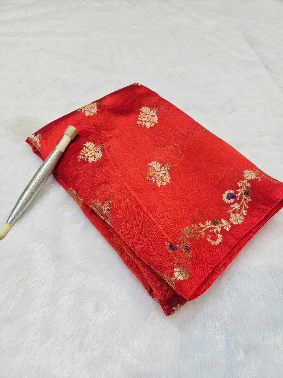 Red Tussar Silk Open Mina Border with Zari Mina Buti Saree