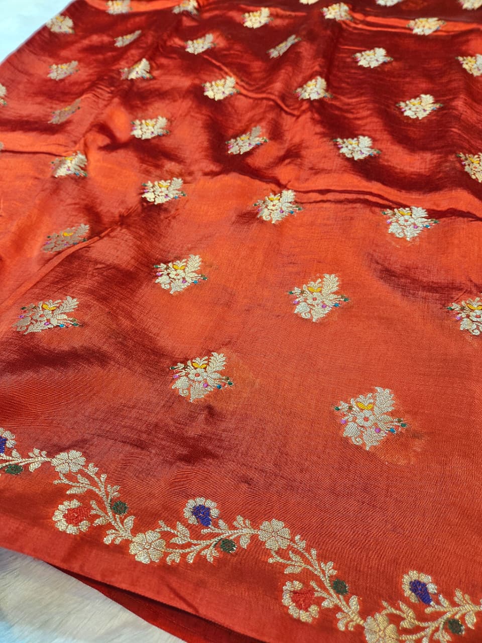 Red Tussar Silk Open Mina Border with Zari Mina Buti Saree