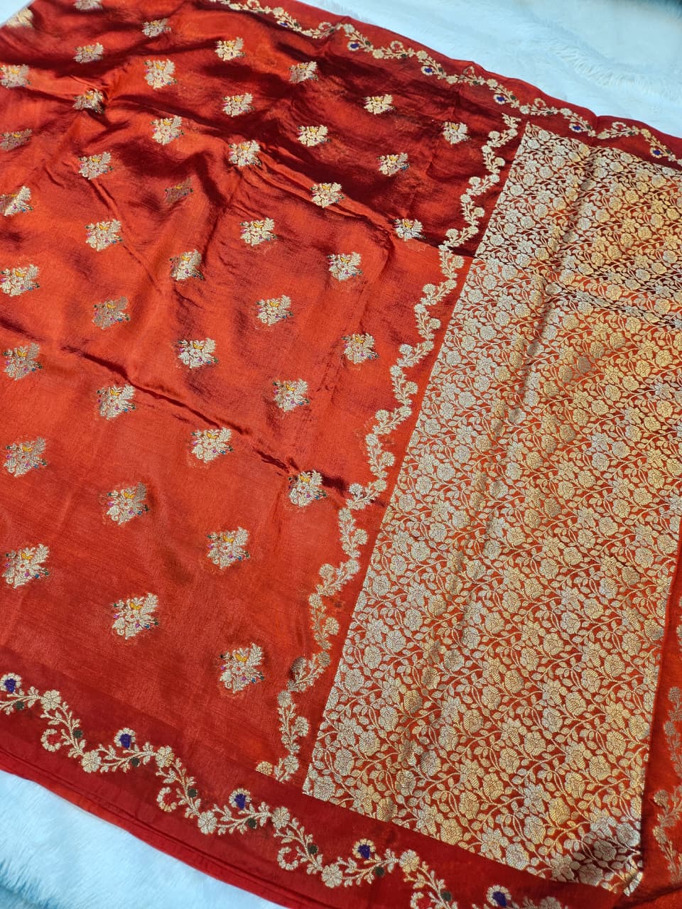 Red Tussar Silk Open Mina Border with Zari Mina Buti Saree