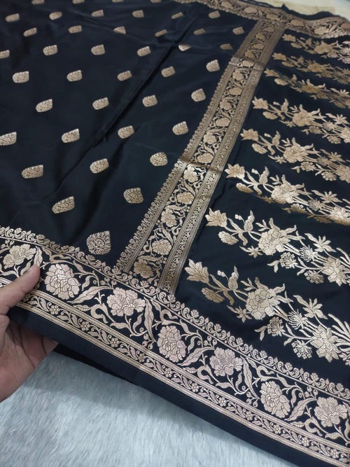 Banarasi Black Mashru Silk Banarasi Border Booti Saree
