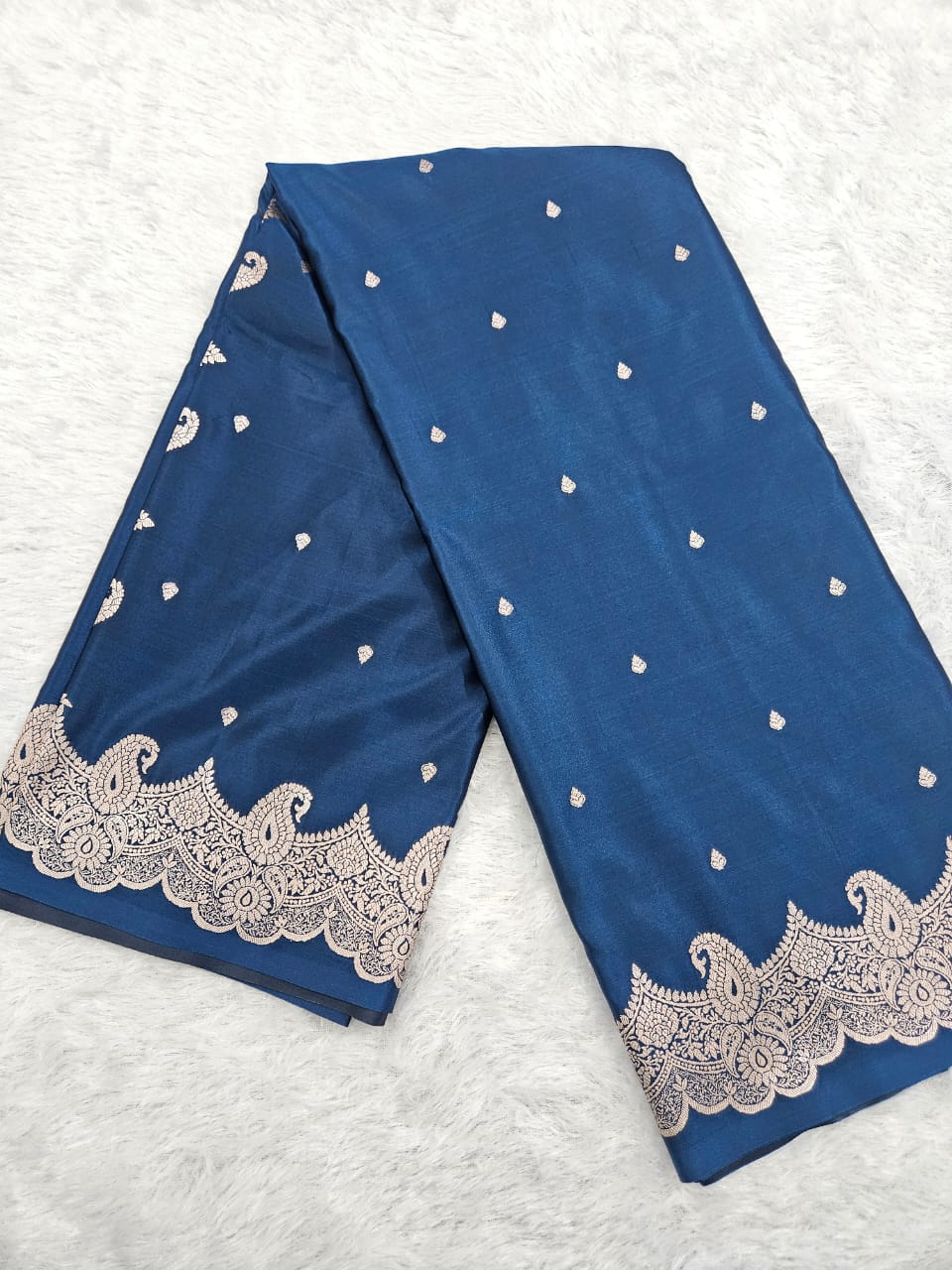 Banarasi Blue Mashru Silk Carry Crown Border Booti Saree