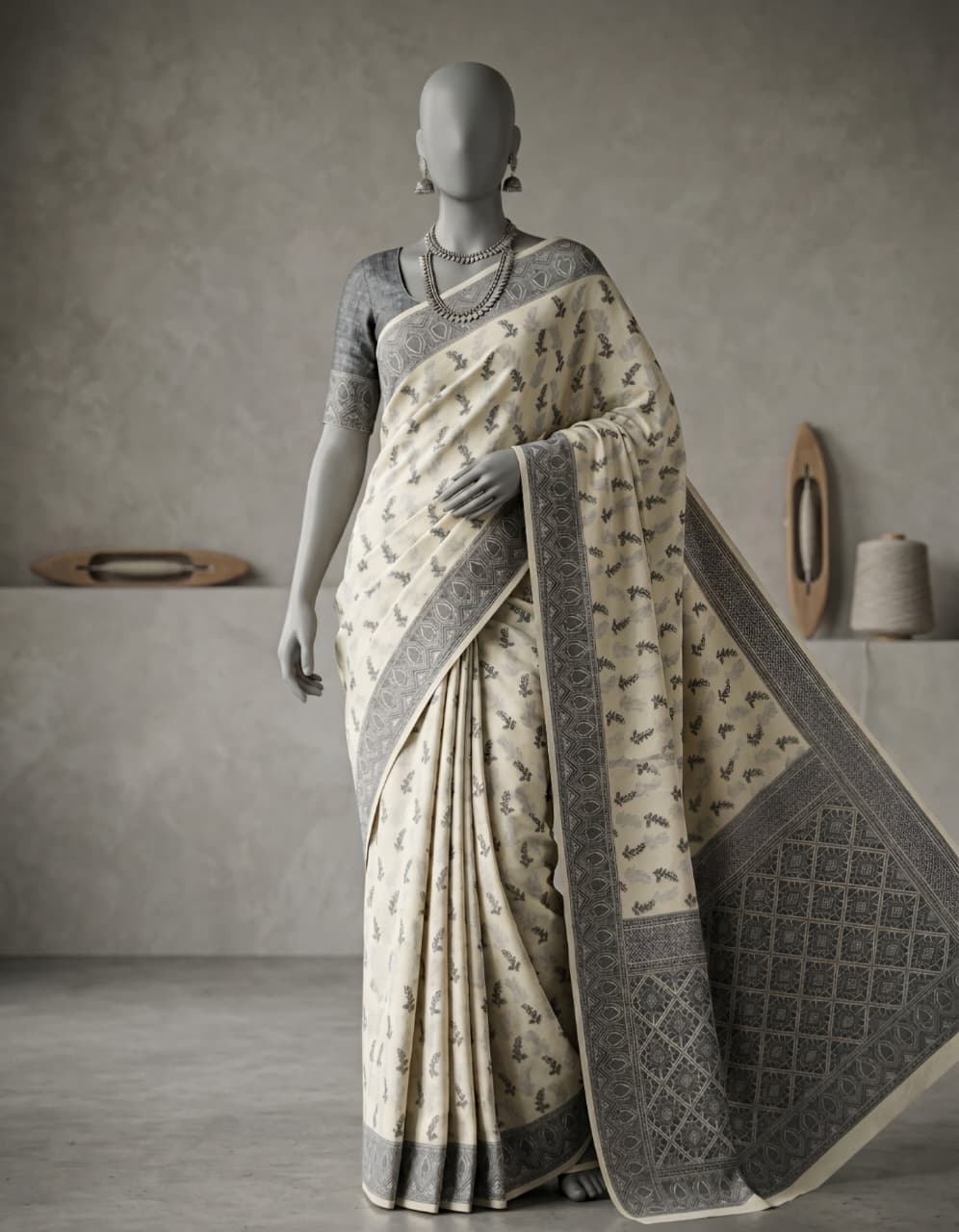 Cream Cotton Saree in a Black Resham Weaving