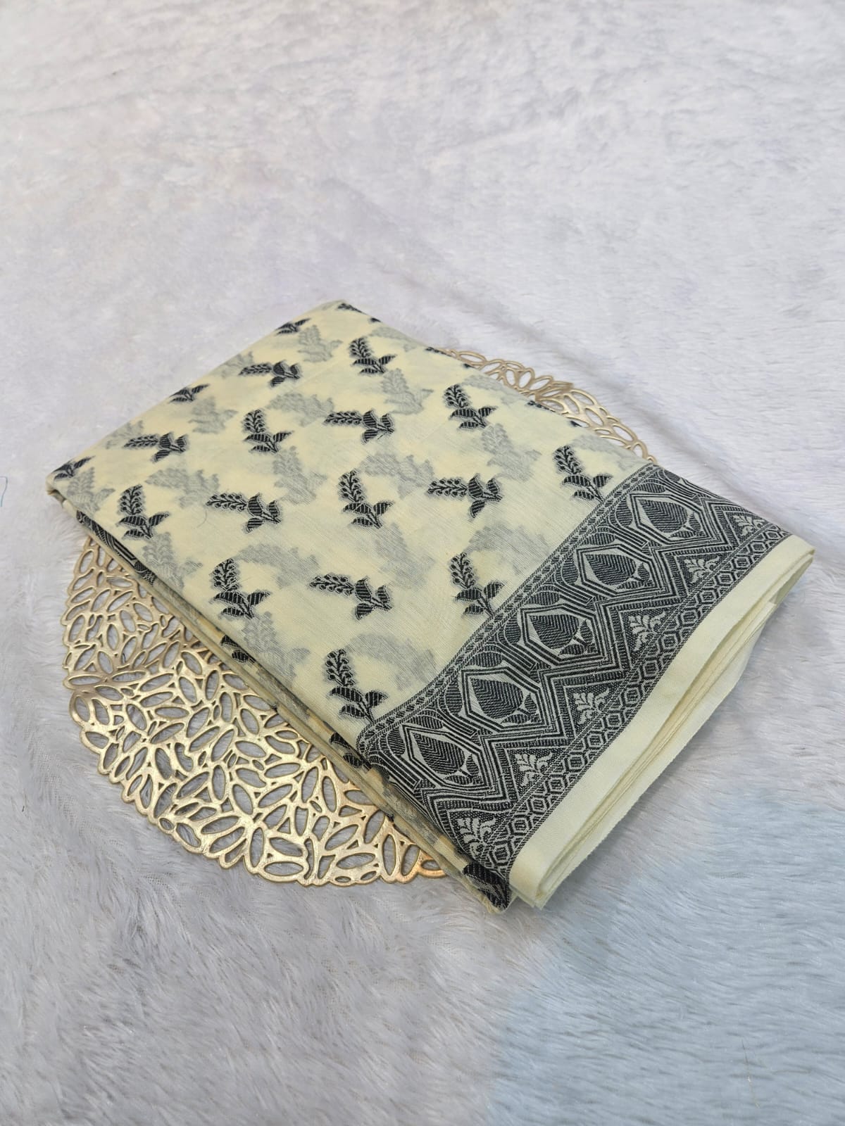 Cream Cotton Saree in a Black Resham Weaving
