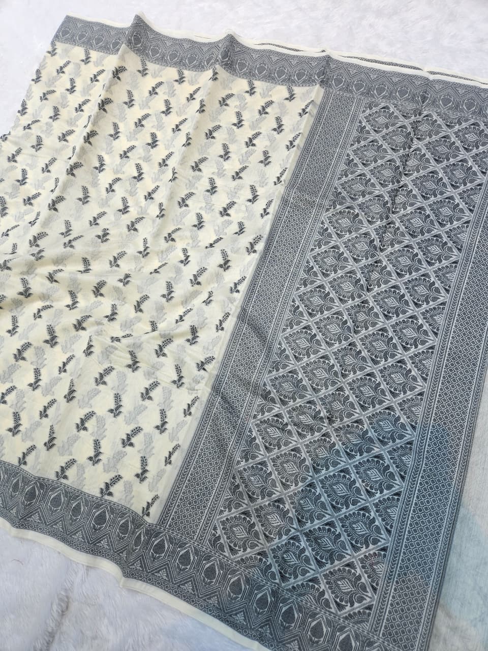 Cream Cotton Saree in a Black Resham Weaving