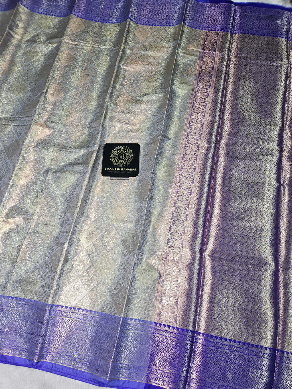 Grey Banarasi Soft Tissue Zari Brocade Design Saree Contrast