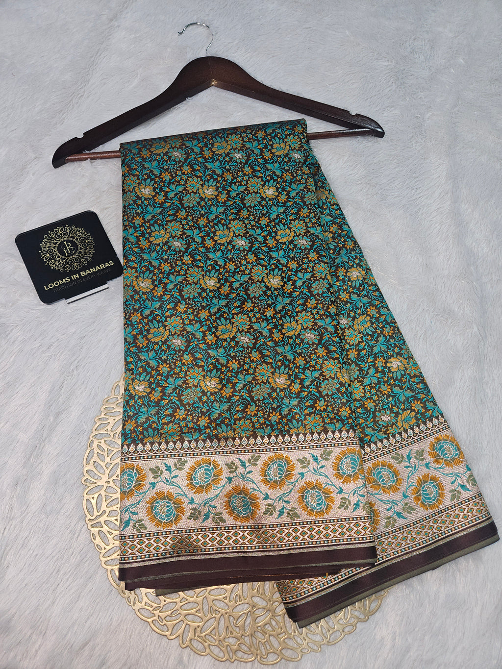 Brown Banarasi Jamewar Satin Silk Saree with Green Multi Mina.