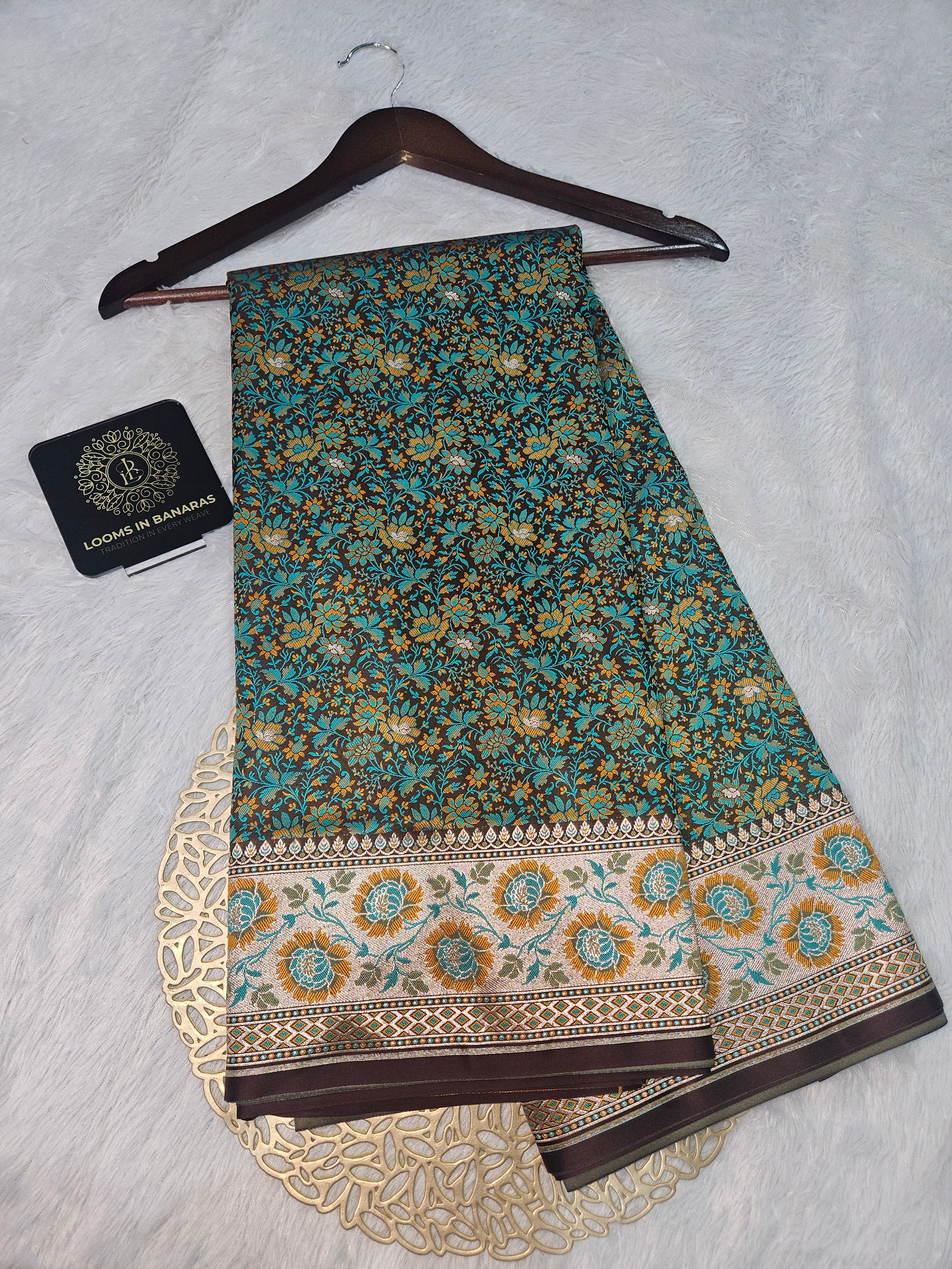 Brown Banarasi Jamewar Satin Silk Saree with Green Multi Mina.