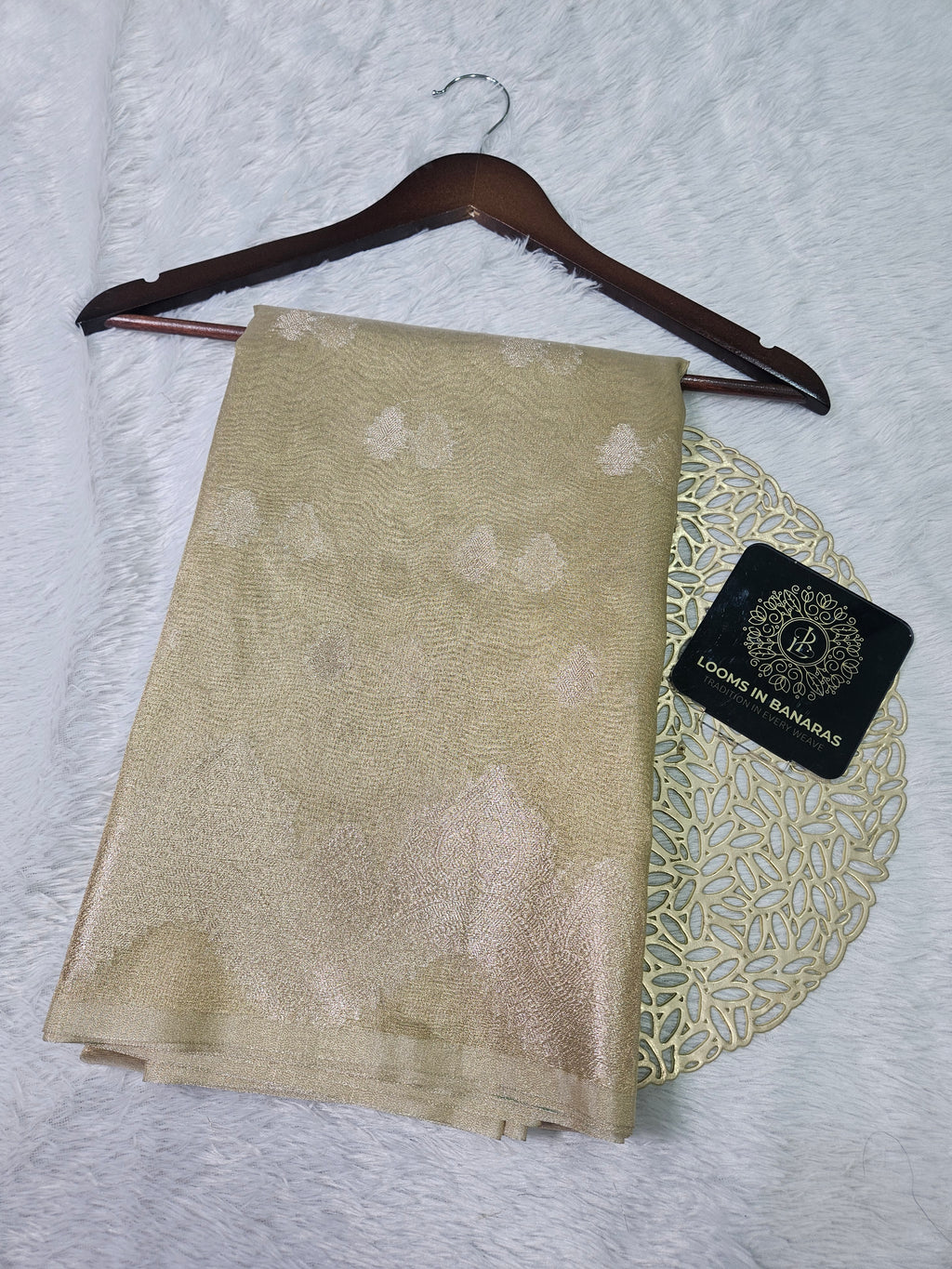 Light Gold Banarasi Tissue Zari Buti Design Scallop Border Saree