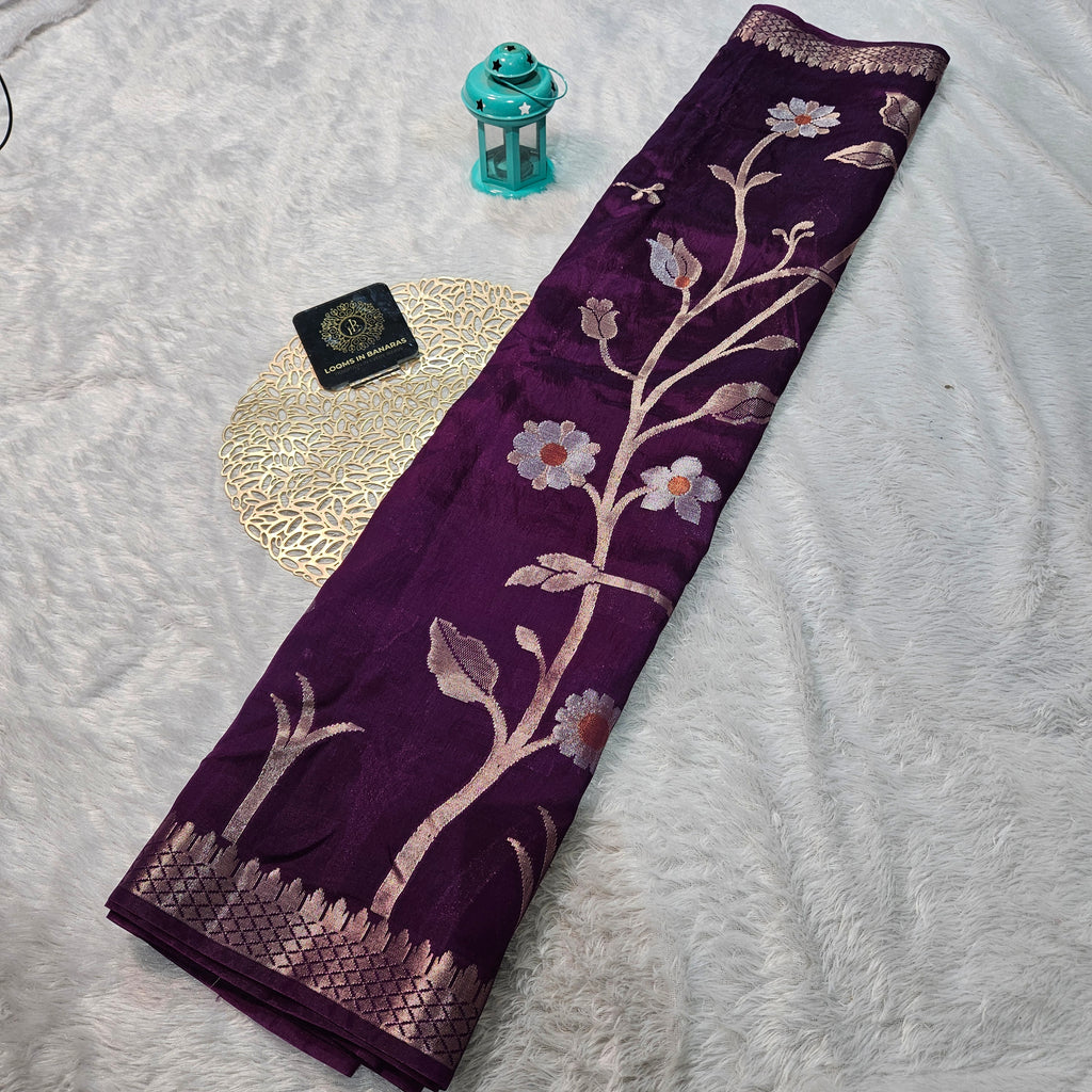 Indigo Banarasi Viscose Silk Saree Floral Jaal with Small border