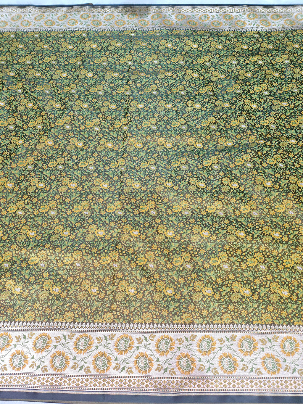 Bottle Green Banarasi Jamewar Satin Silk Saree with Green Multi Mina.