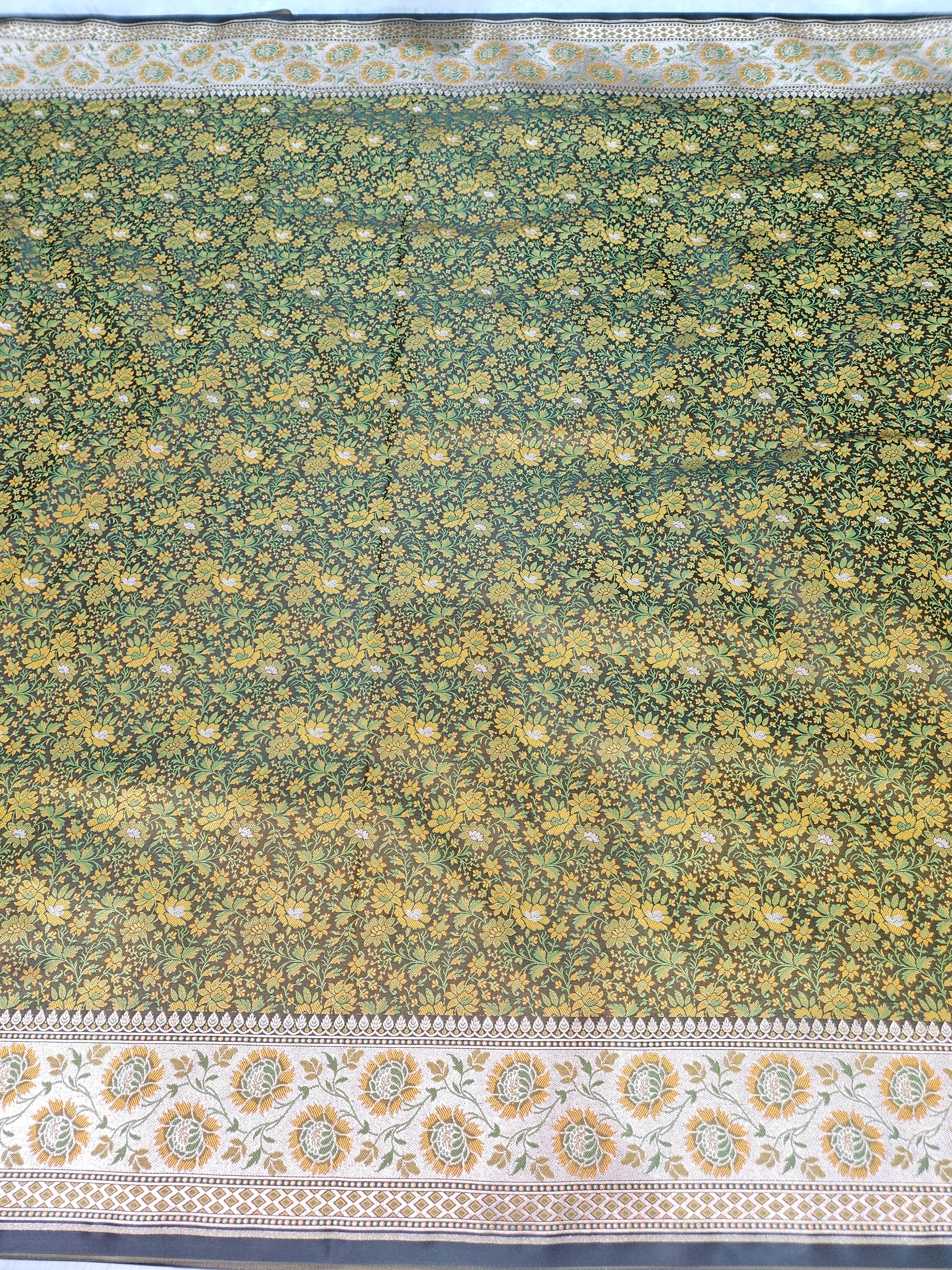 Bottle Green Banarasi Jamewar Satin Silk Saree with Green Multi Mina.