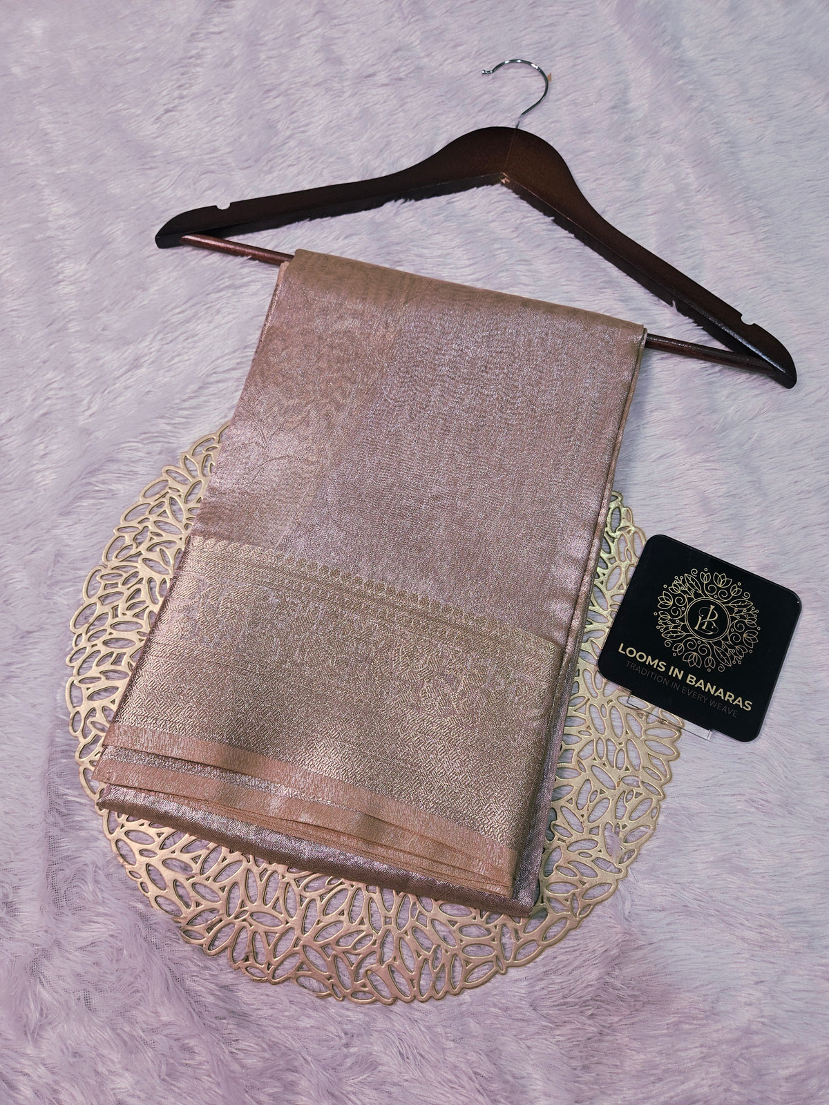 Rose Gold Banarasi Tissue Zari Tanchui Design  Border Saree