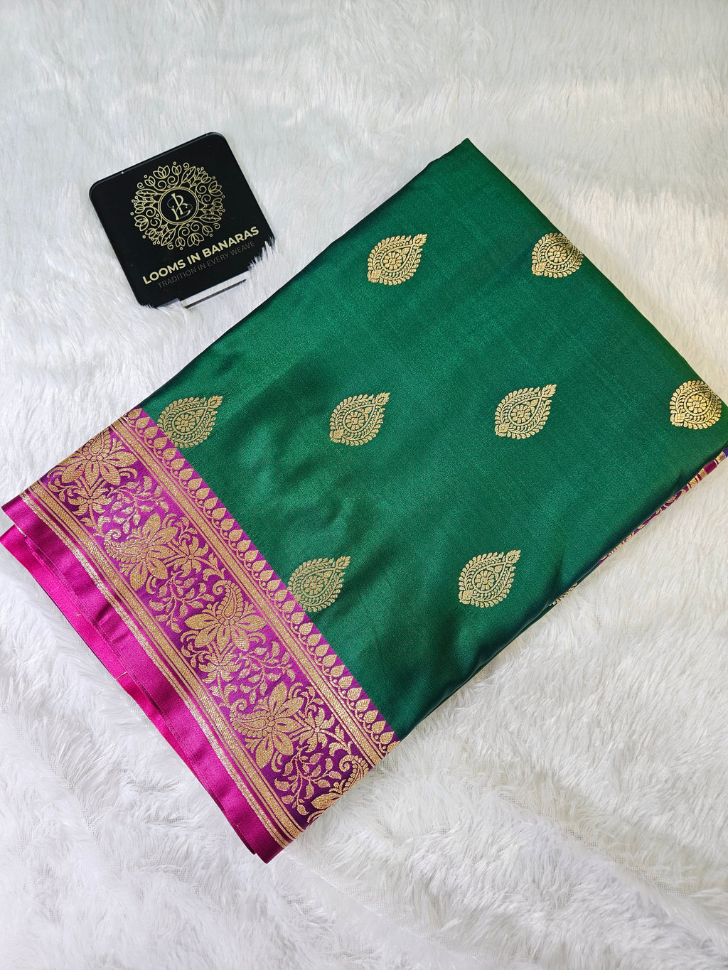 Banarasi Green and Rani Contrast Mashru Silk Banarasi Border Booti Saree