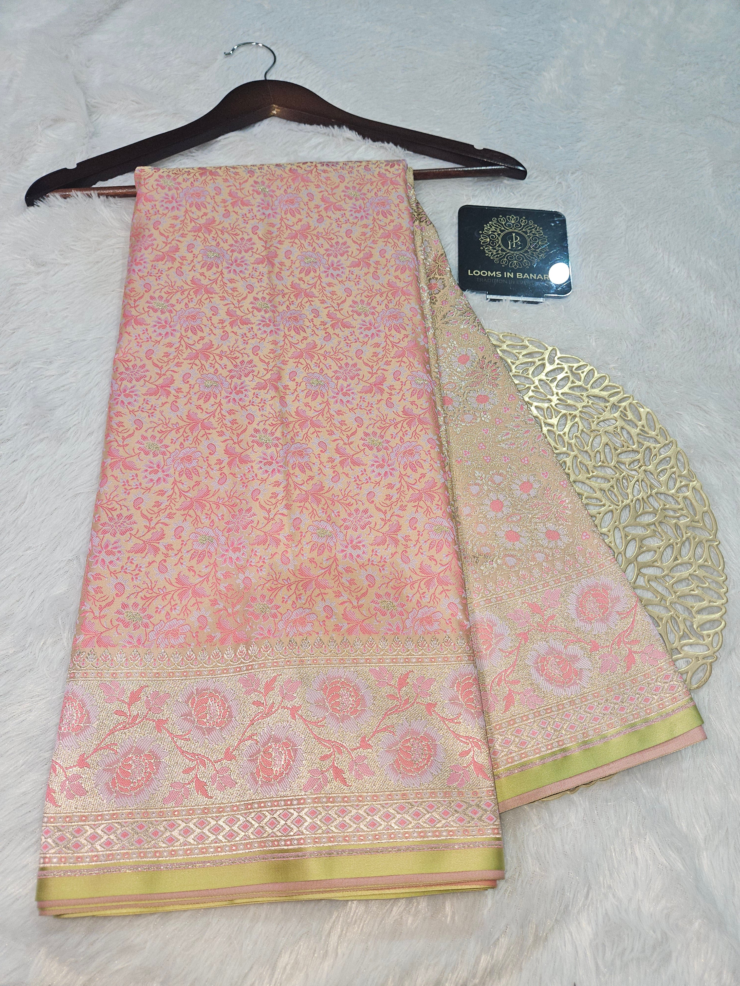 Cream Banarasi Jamewar Satin Silk Saree with Pink Multi Mina.
