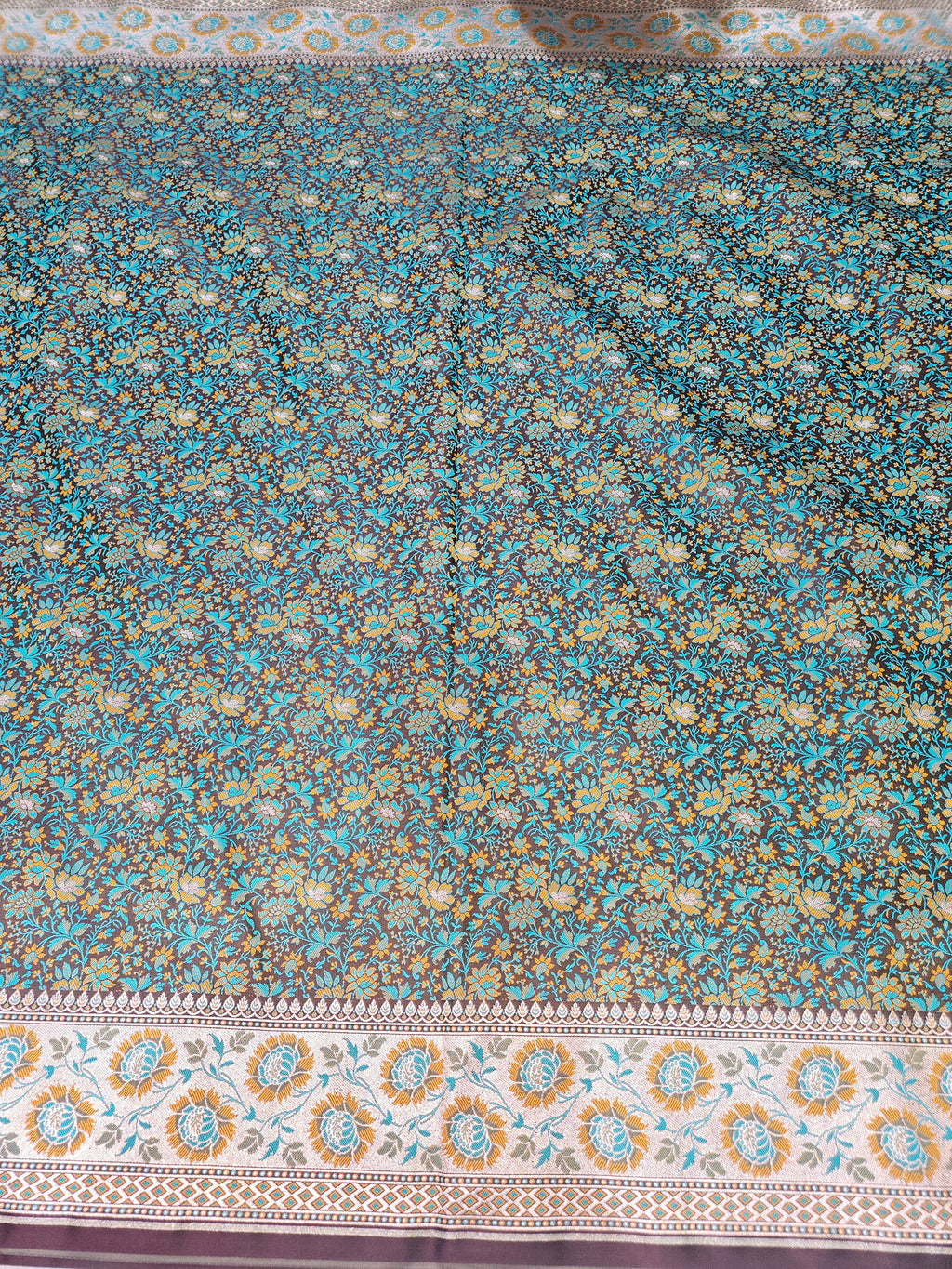 Brown Banarasi Jamewar Satin Silk Saree with Green Multi Mina.