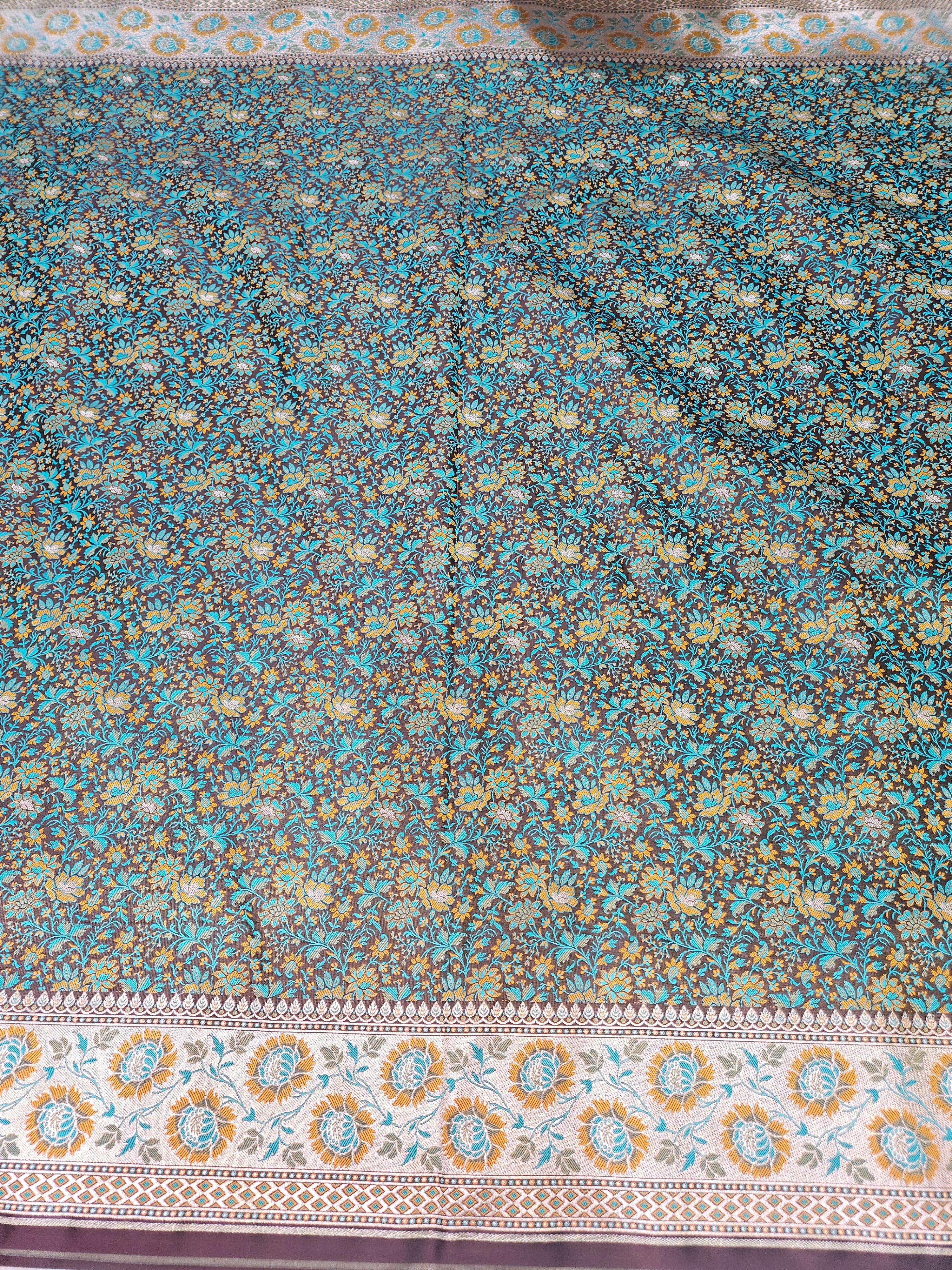 Brown Banarasi Jamewar Satin Silk Saree with Green Multi Mina.