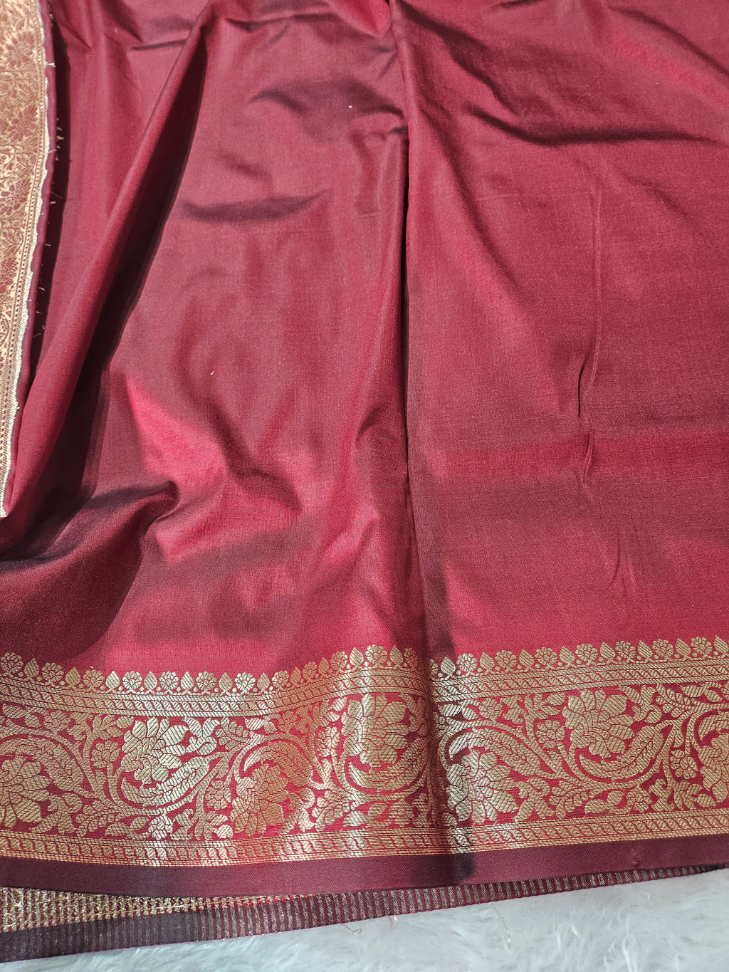 Maroon Banarasi Soft Tissue Zari Stripe Design Saree