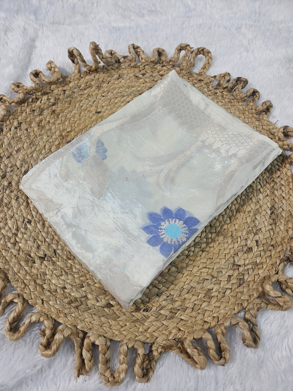 Off White Banarasi Viscose Silk Saree Floral Jaal with Small border