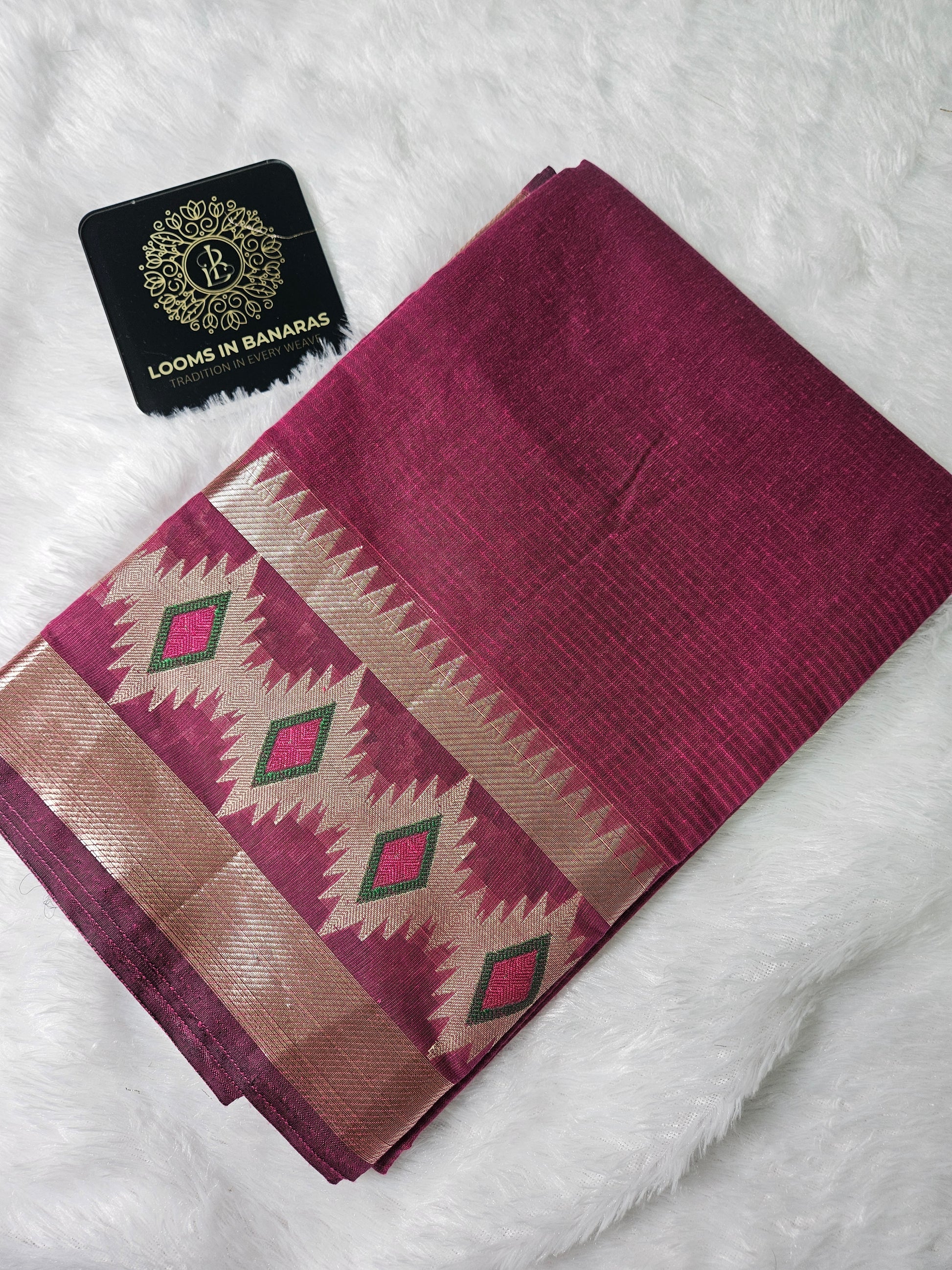 Majenta Banarasi Cotton Zari Alfi Border Plain Saree