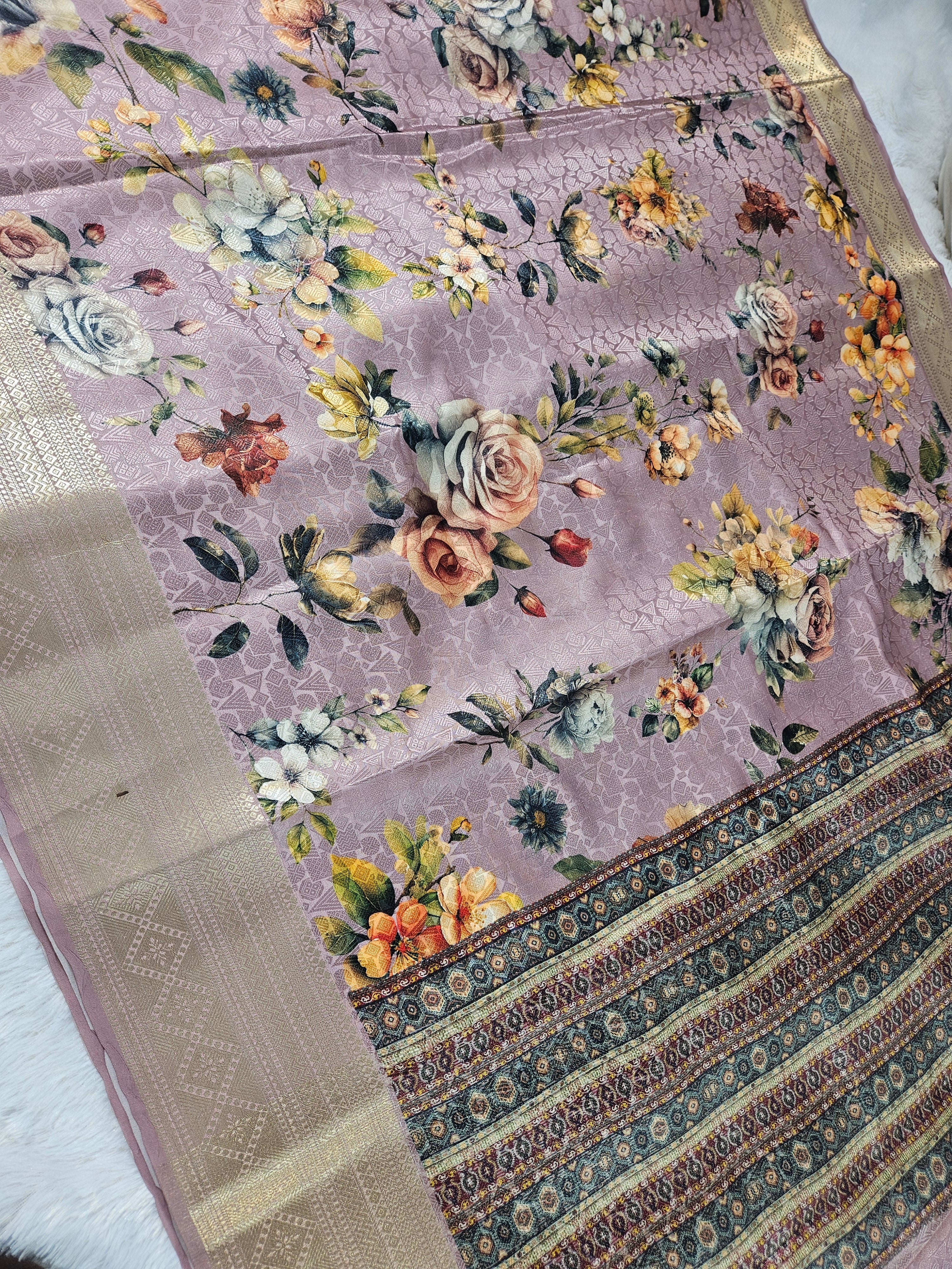 Rose Pink Banarasi Tanchui Digital Print Silk Saree with floral prints