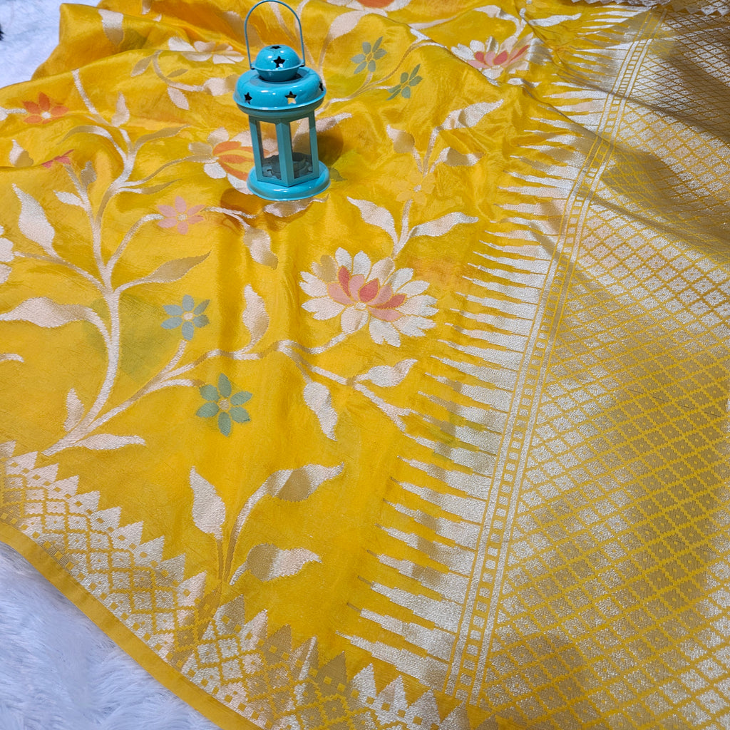 Yellow Banarasi Viscose Silk Saree Floral Jaal with Small border