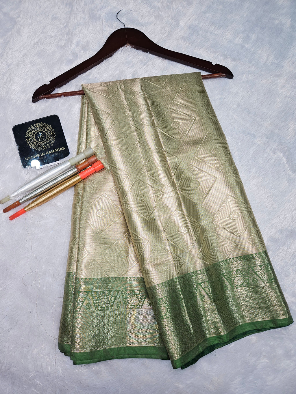 Pista Green Banarasi Soft Tissue Zari Brocade Design Saree Contrast