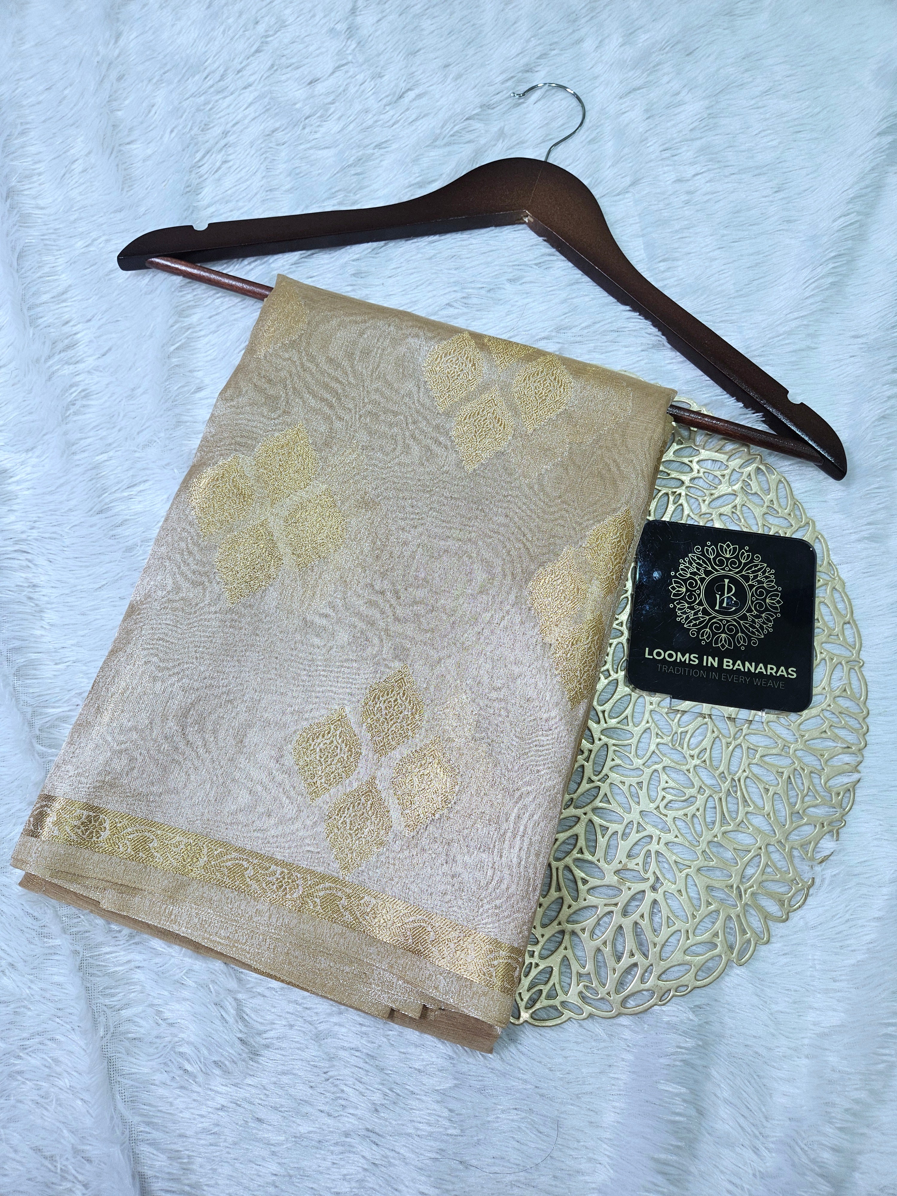 Tasar Gold Banarasi Tissue Zari Buti Design Small Border Saree